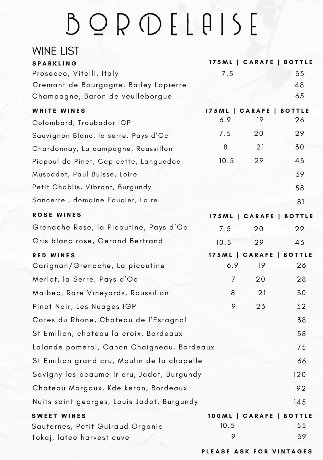Bordelaise menu, page 1