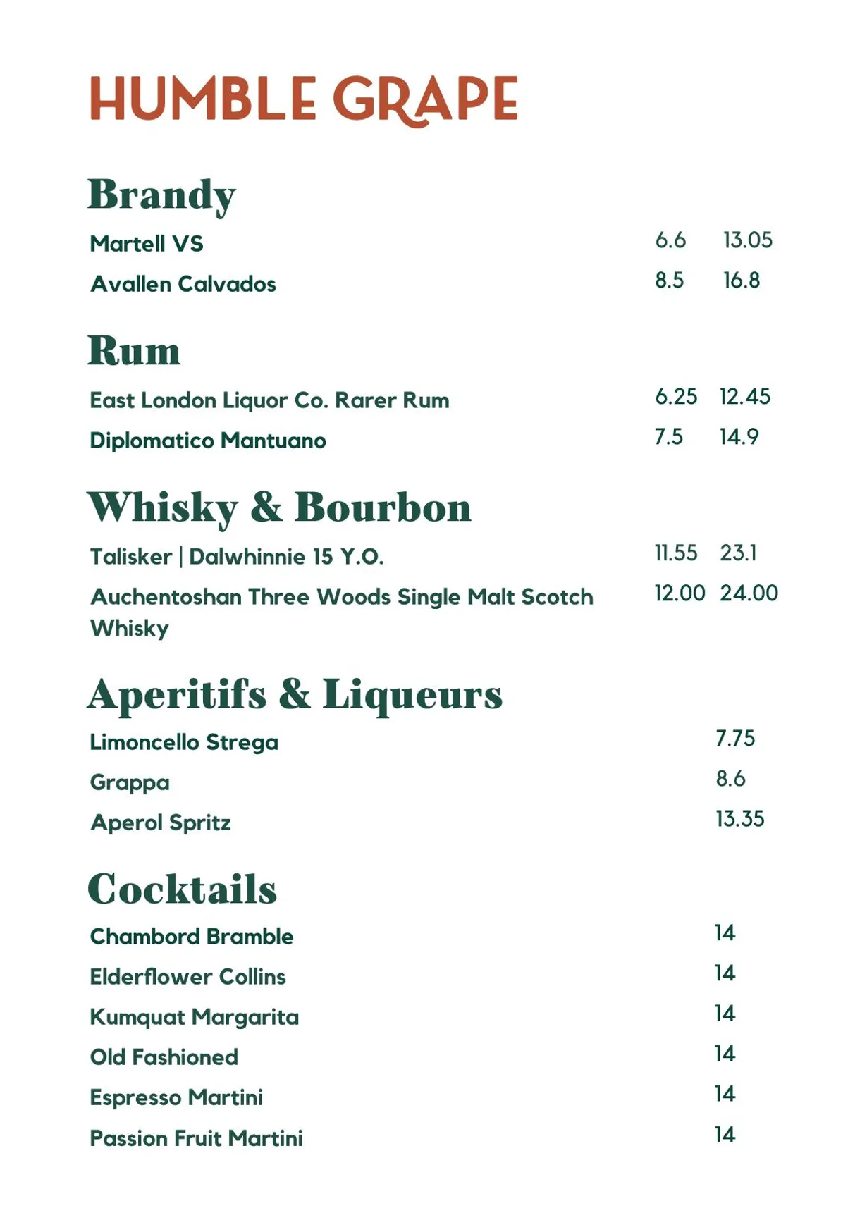 Humble Grape Islington menu, page 2
