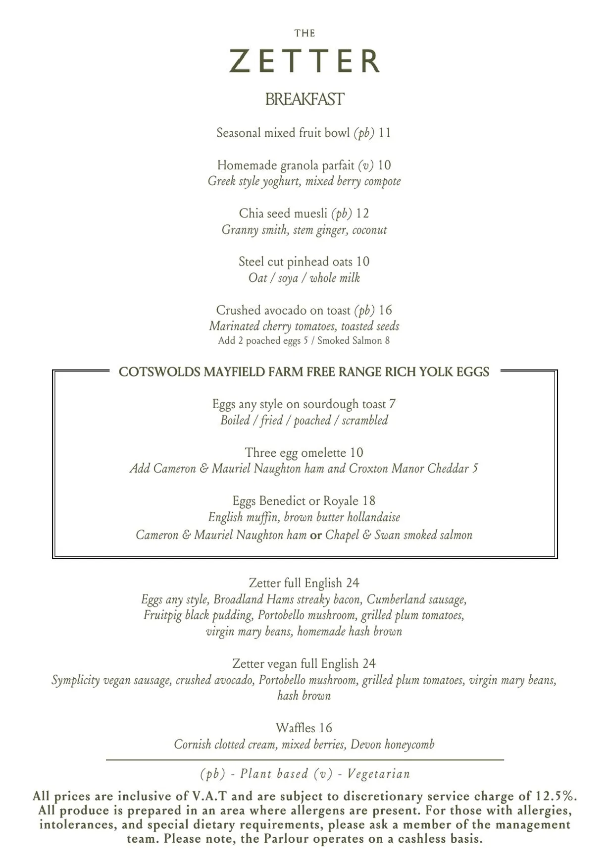 The Parlour at Zetter Marylebone menu, page 3