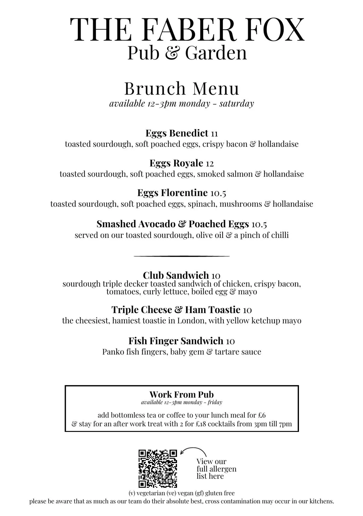 The Faber Fox menu, page 1