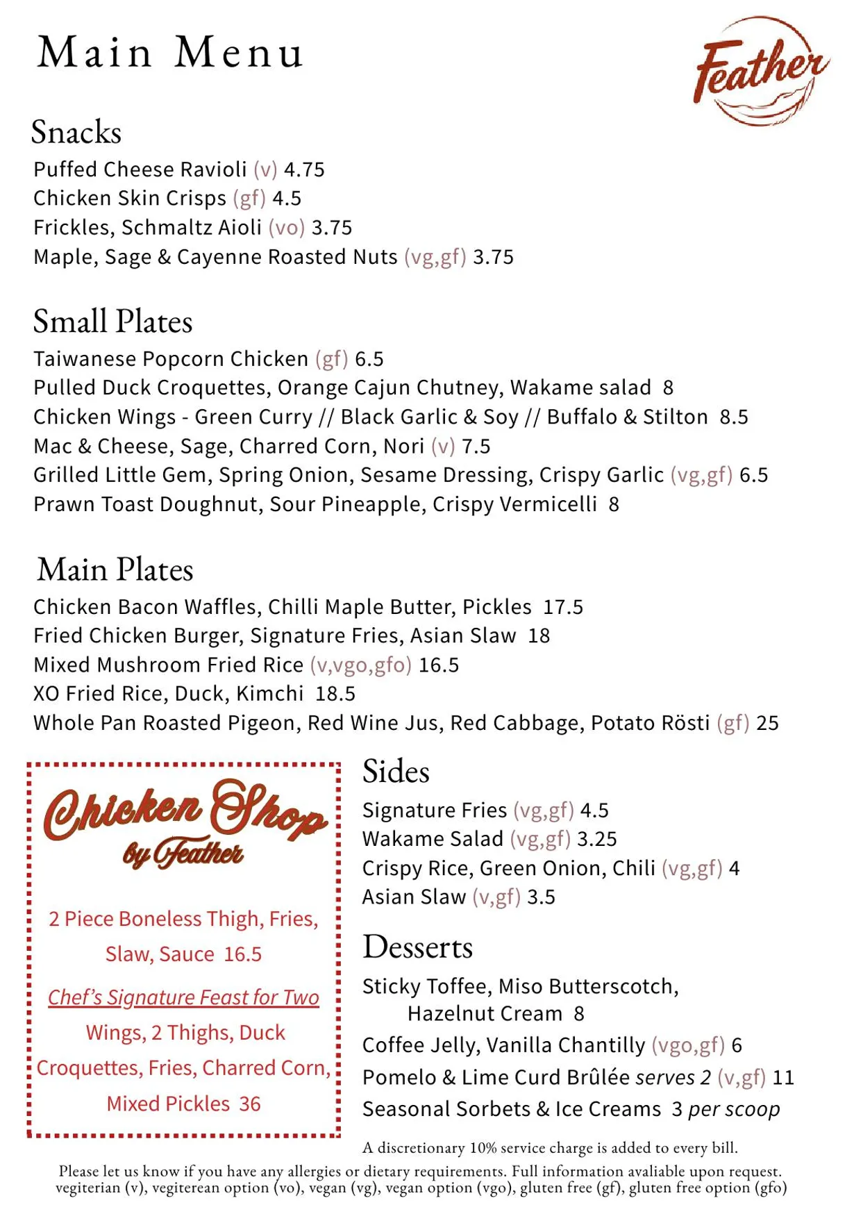 Feather menu, page 1