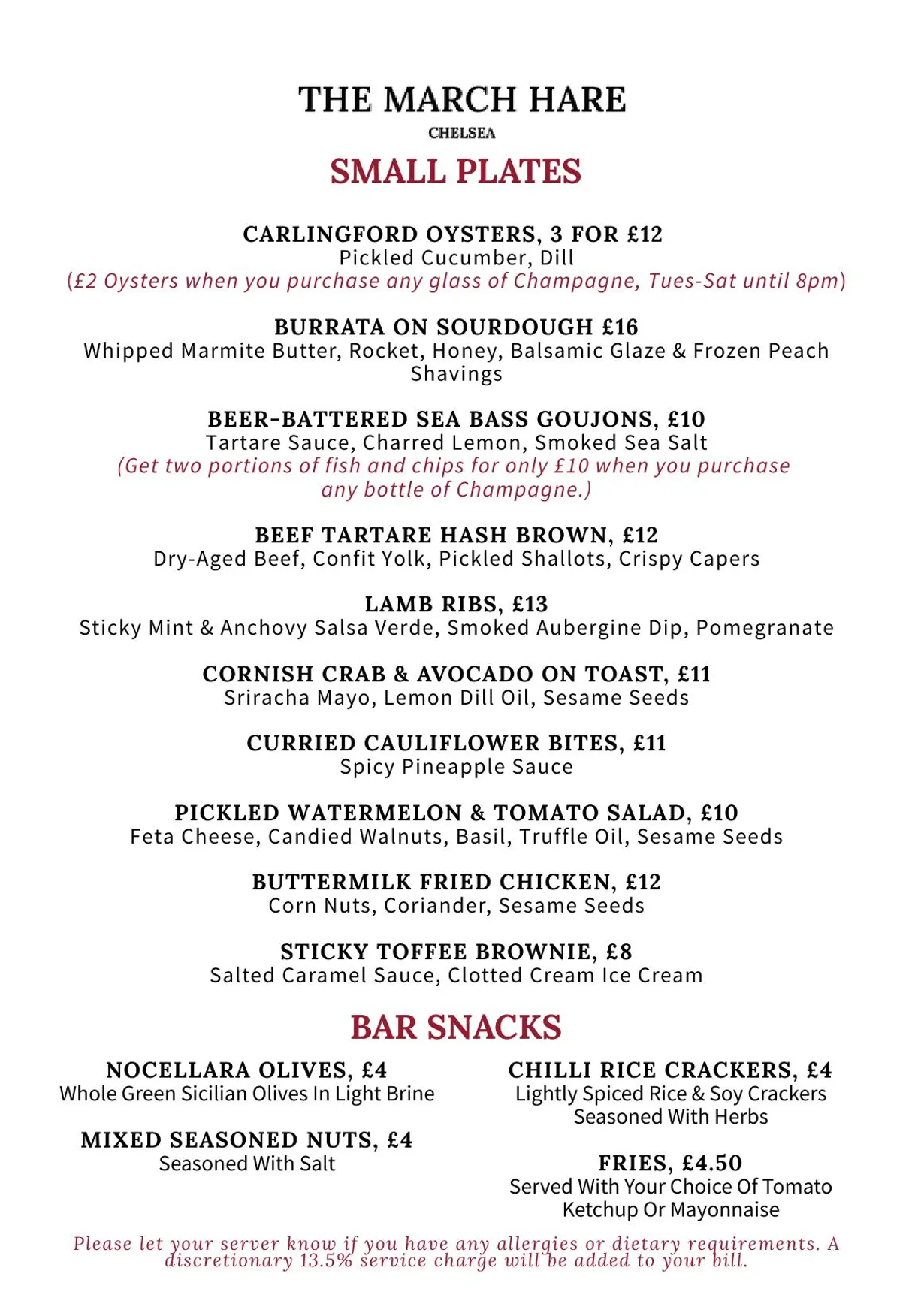 The March Hare menu, page 2