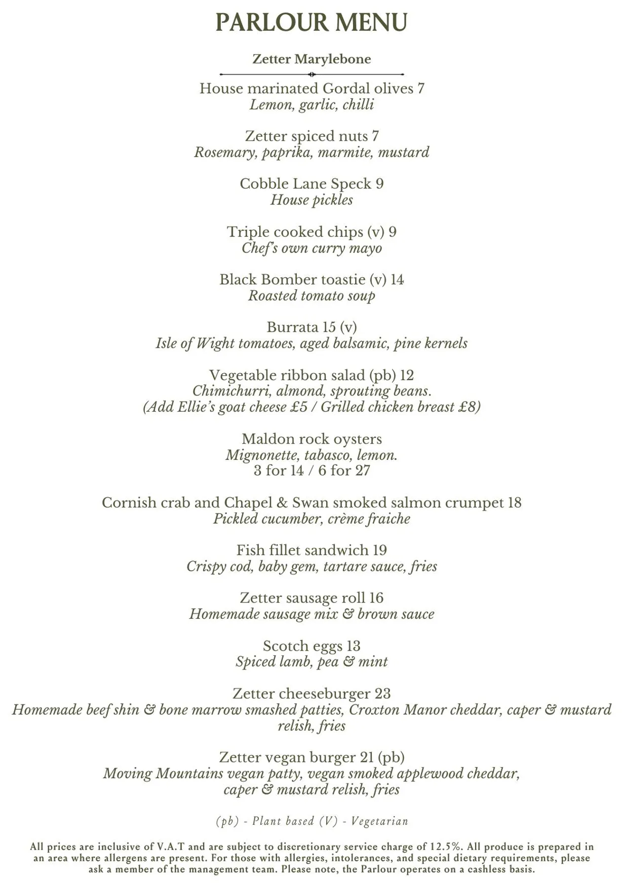The Parlour at Zetter Marylebone menu, page 1