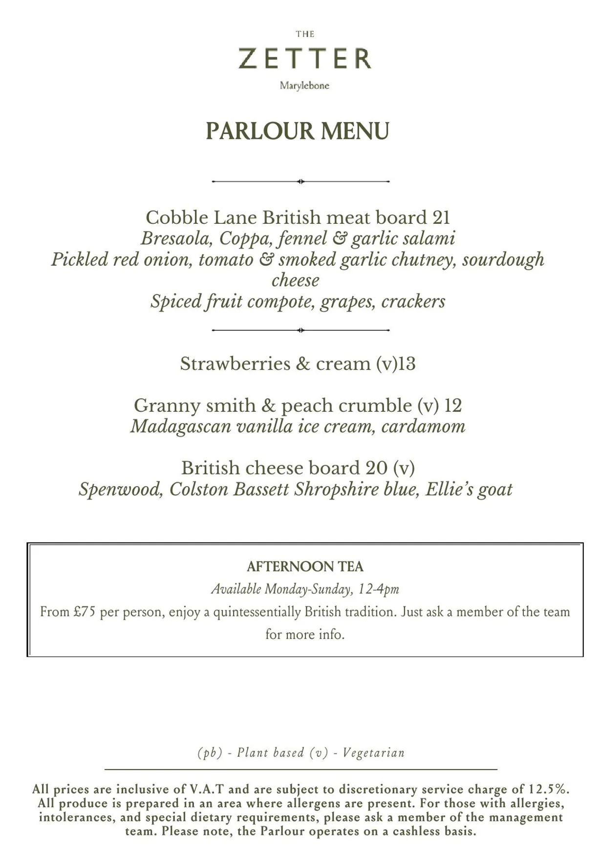 The Parlour at Zetter Marylebone menu, page 2