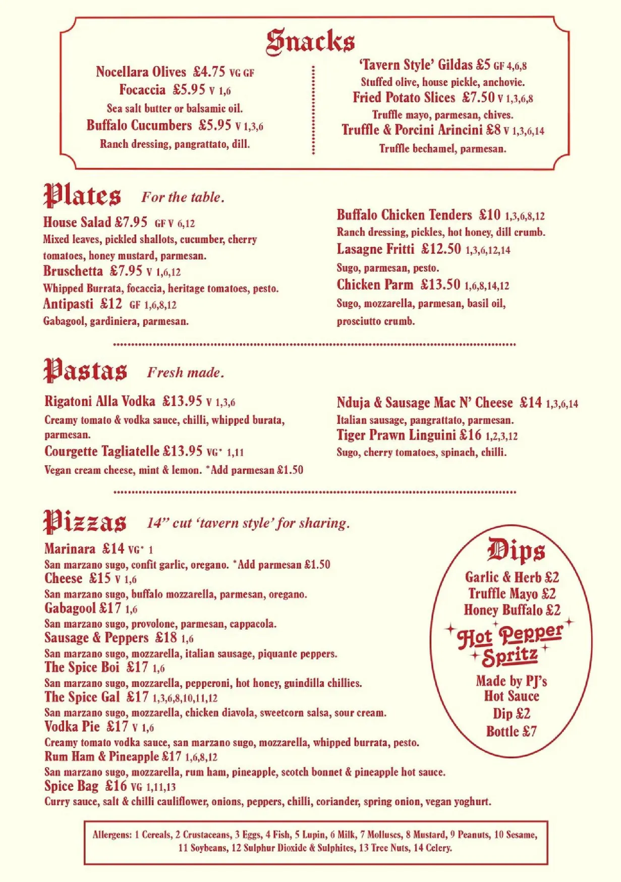 West Side Tavern menu, page 1
