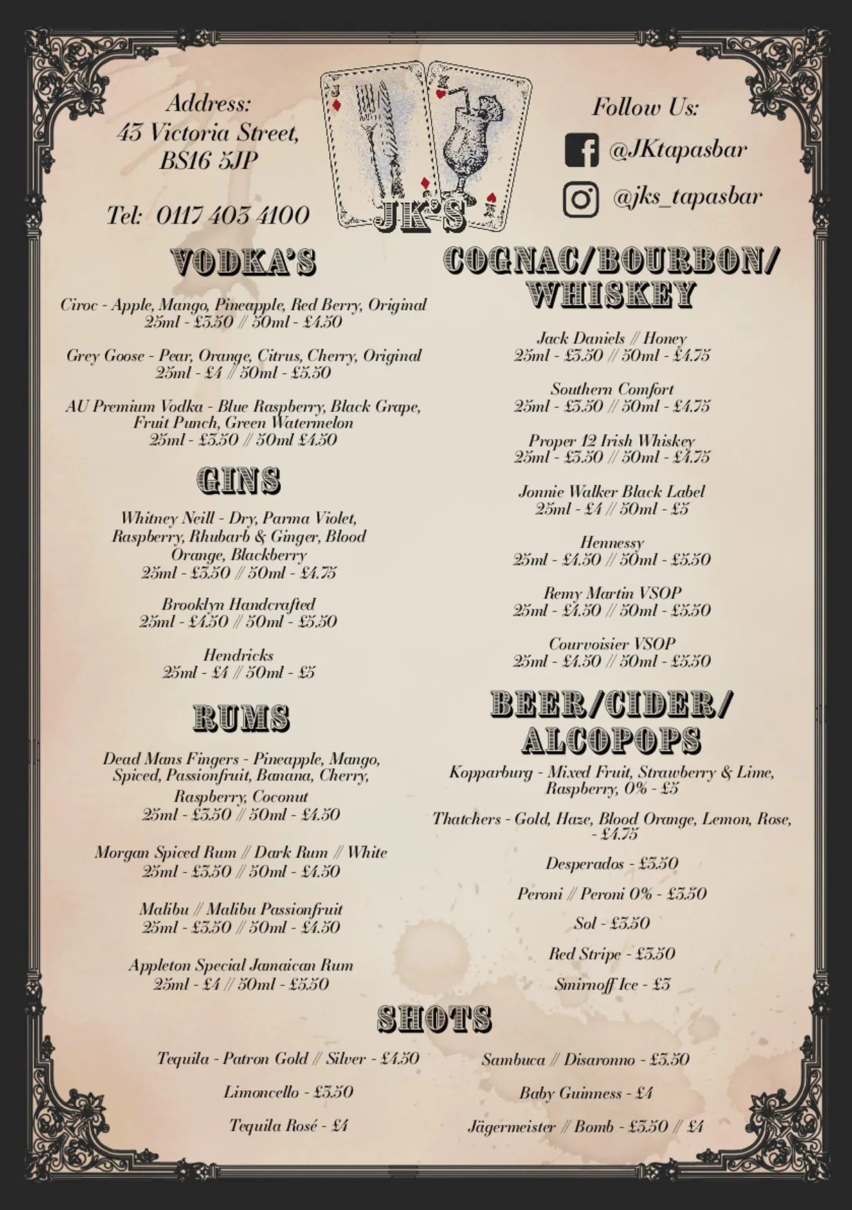 JK's Tapas Restaurant & Cocktail Bar menu, page 3