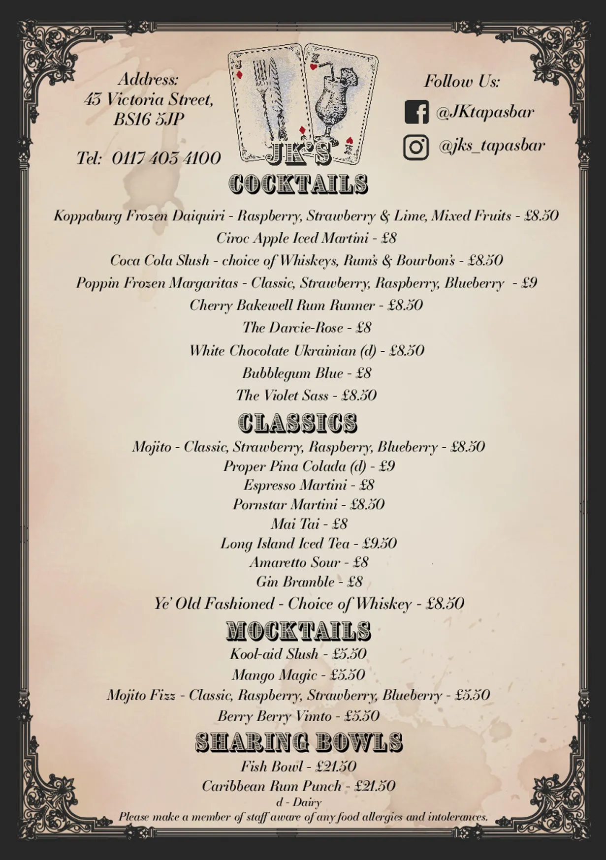 JK's Tapas Restaurant & Cocktail Bar menu, page 2