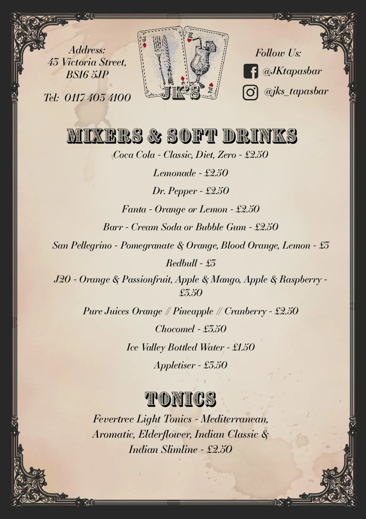 JK's Tapas Restaurant & Cocktail Bar menu, page 4