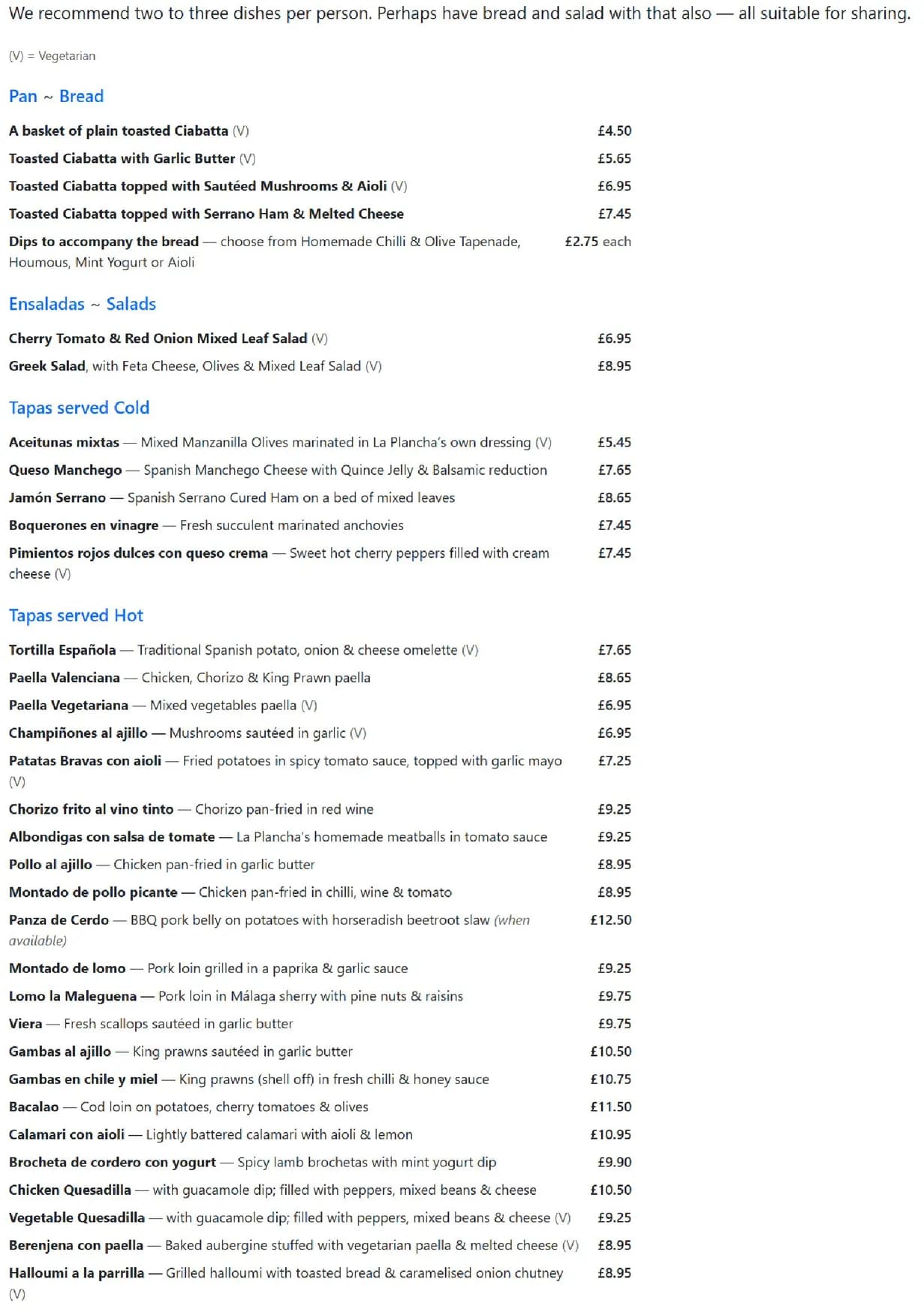 La Plancha menu, page 1