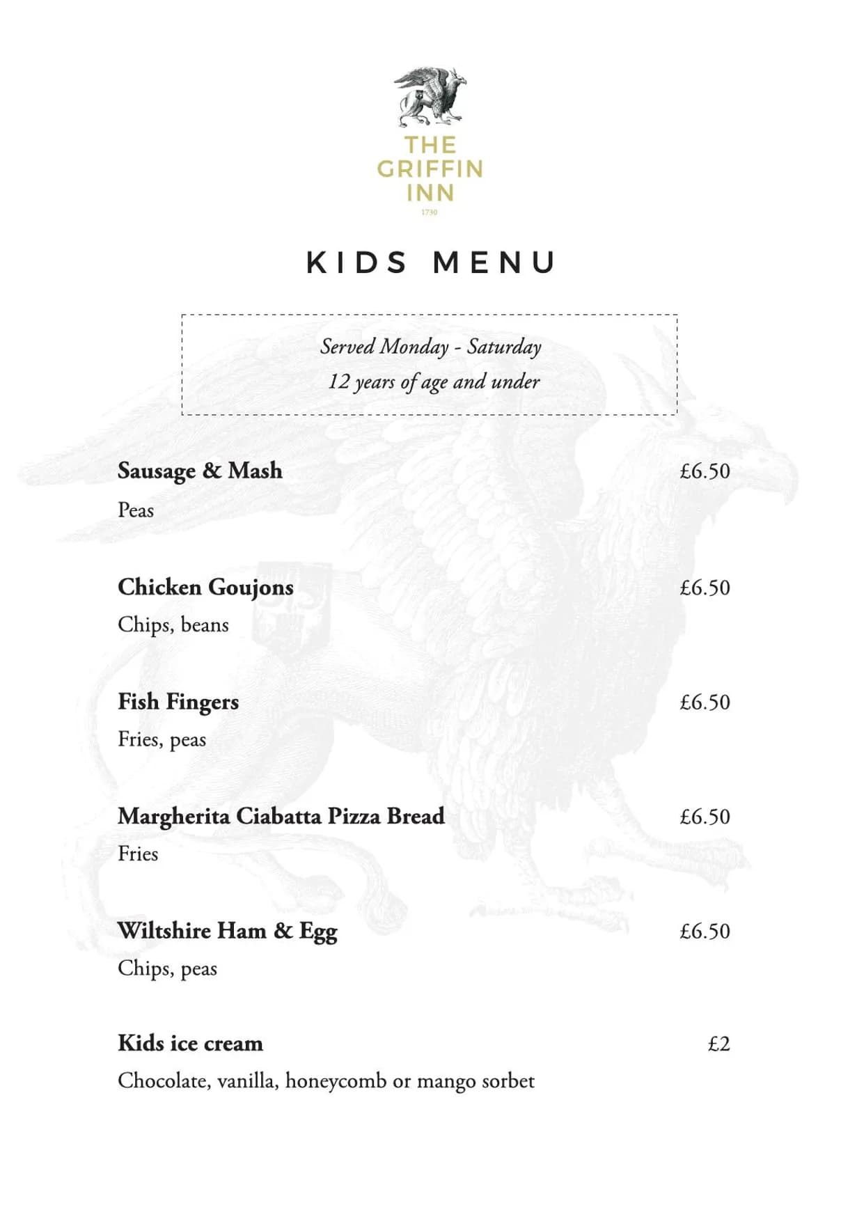 The Griffin Inn menu, page 2