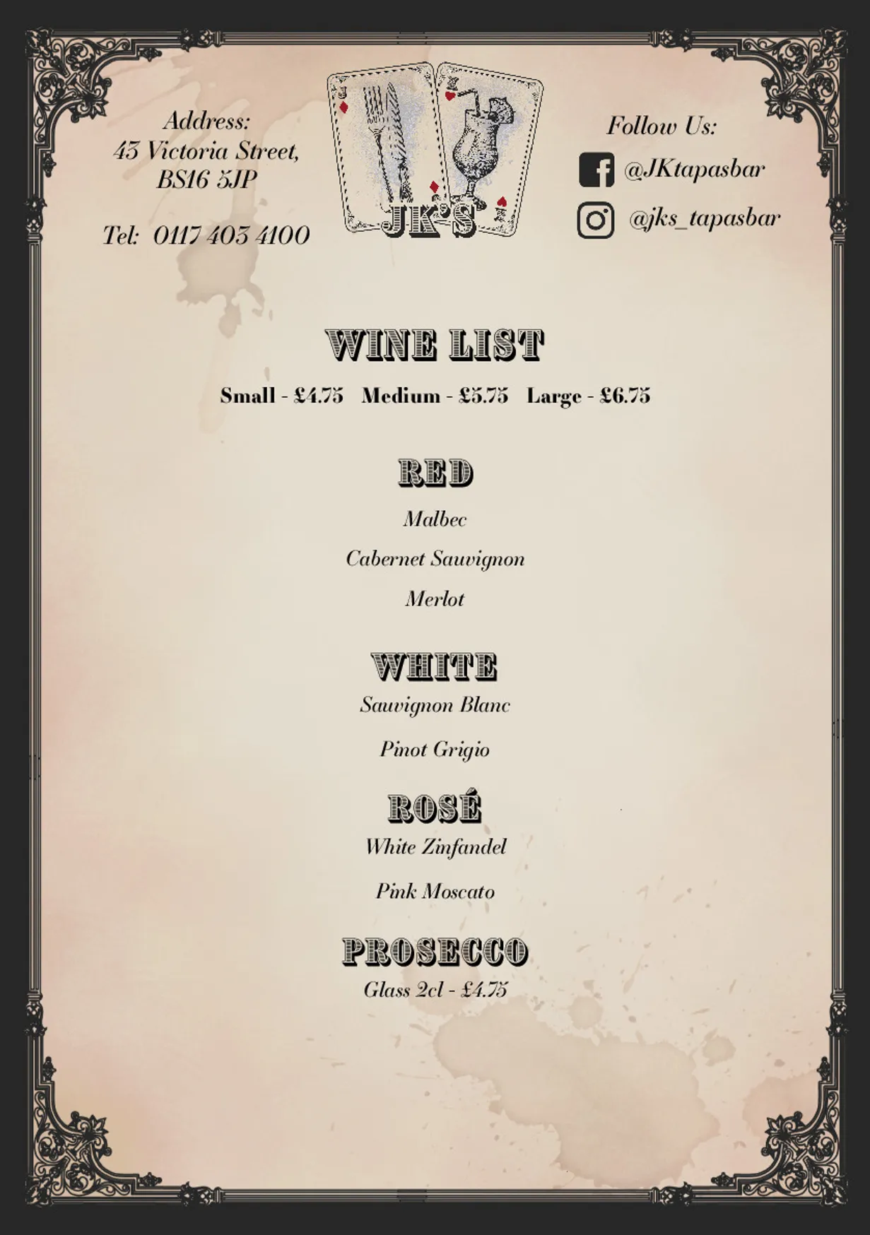 JK's Tapas Restaurant & Cocktail Bar menu, page 5