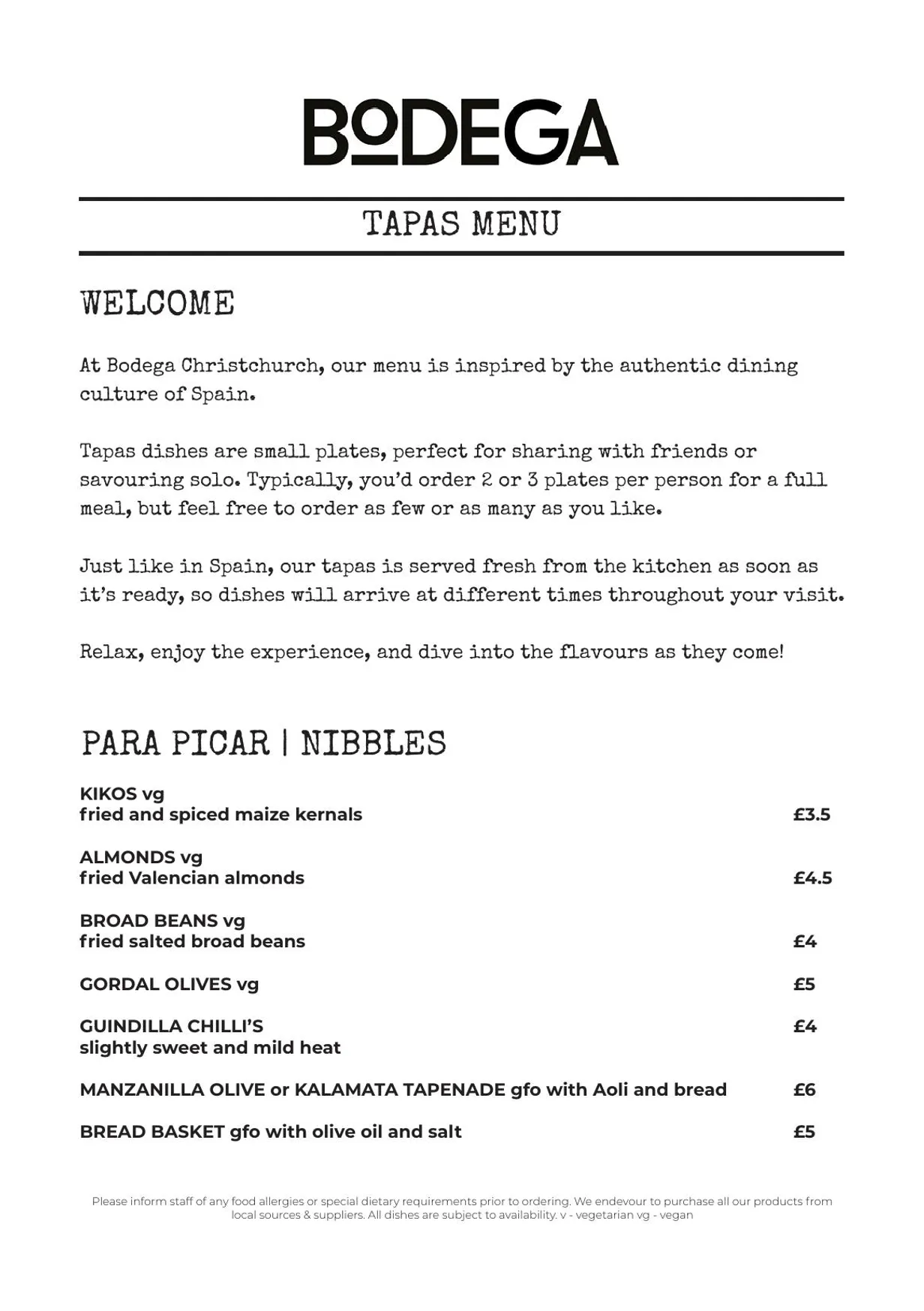 Bodega - Christchurch menu, page 1
