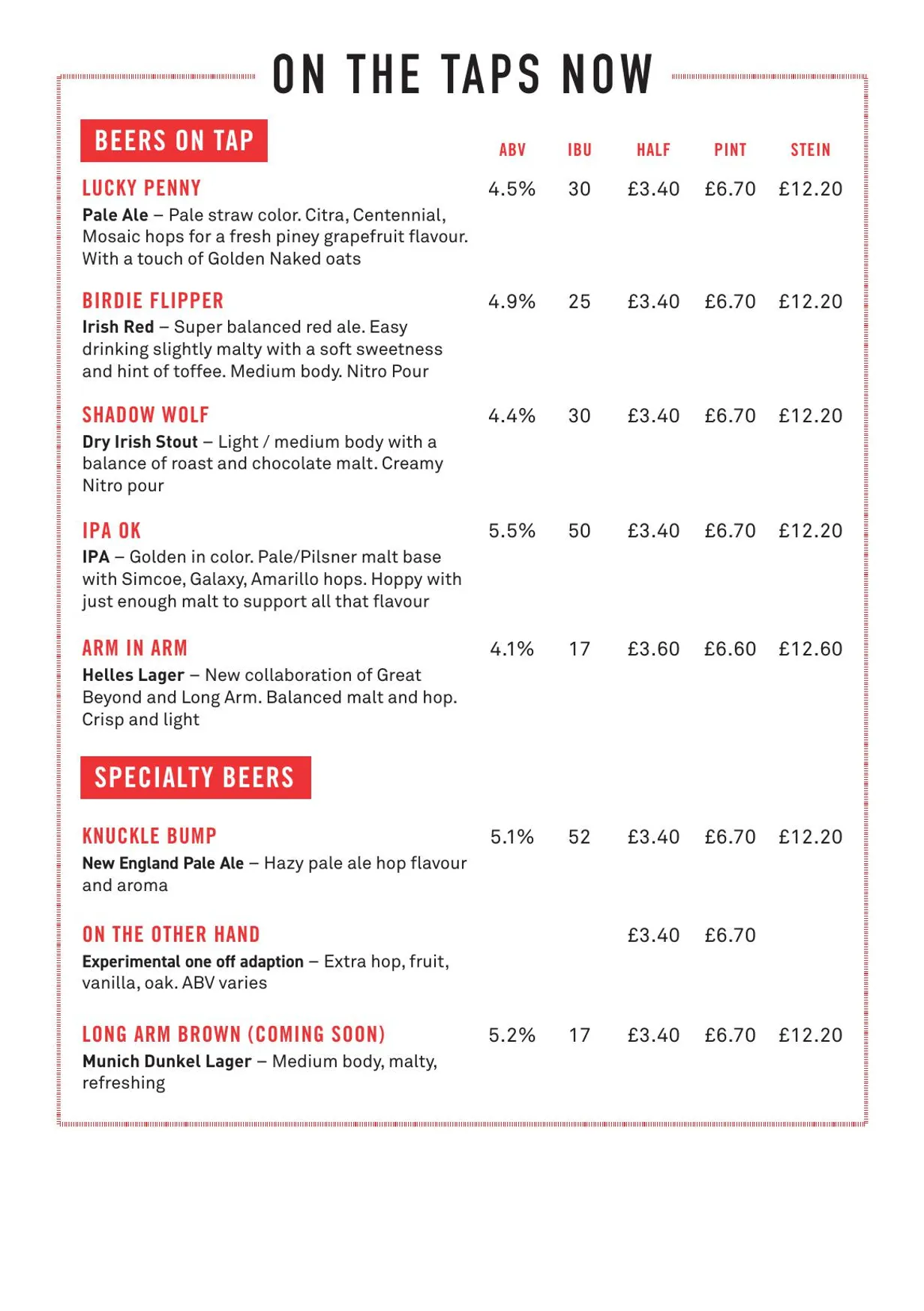 Long Arm Brewery & Tap Room menu, page 1