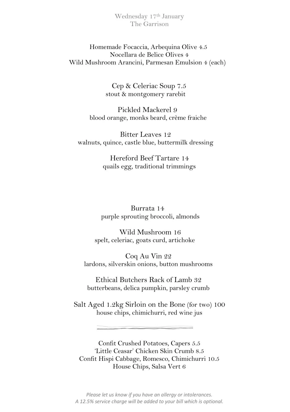 The Garrison menu, page 1