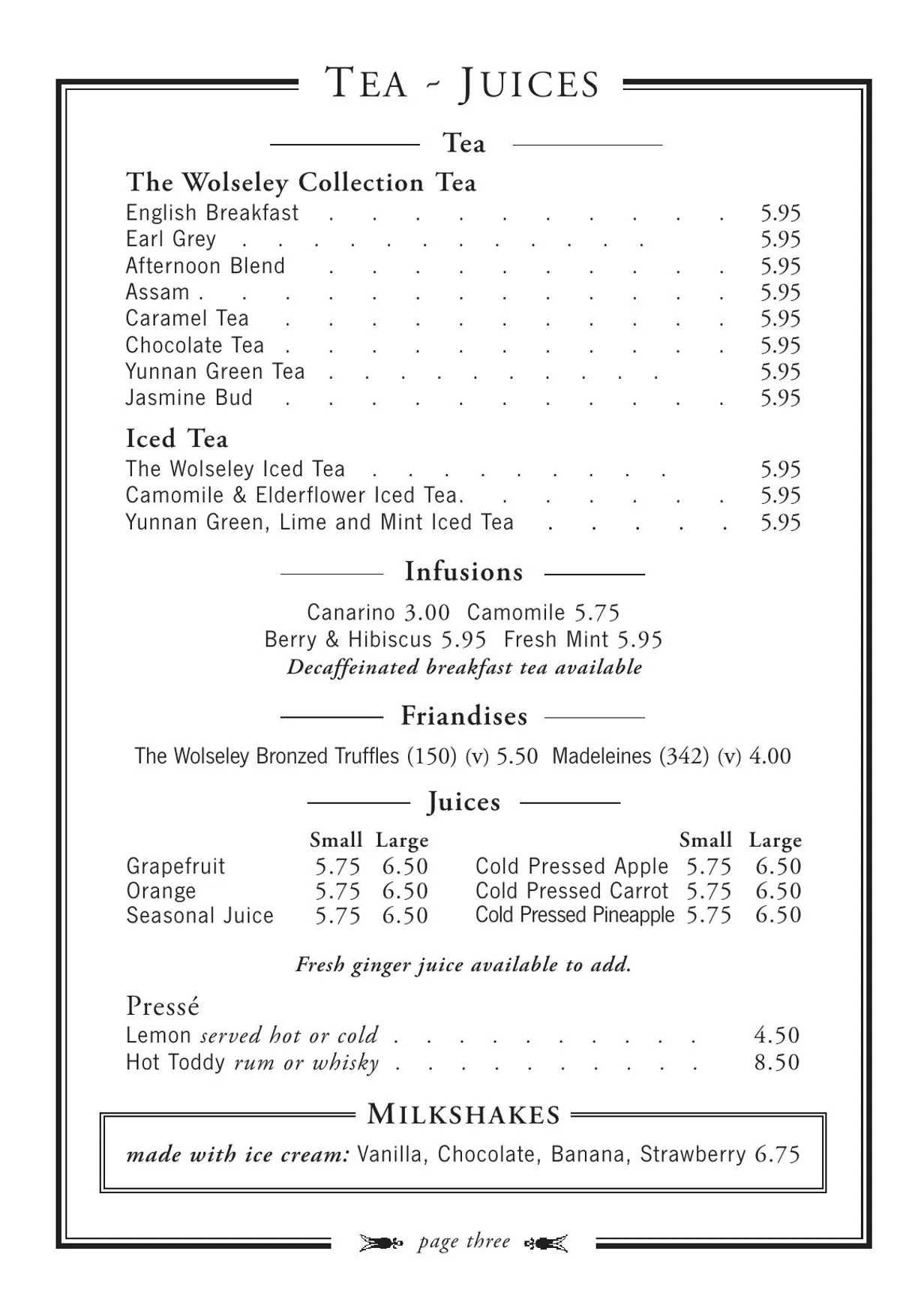 The Wolseley menu, page 5