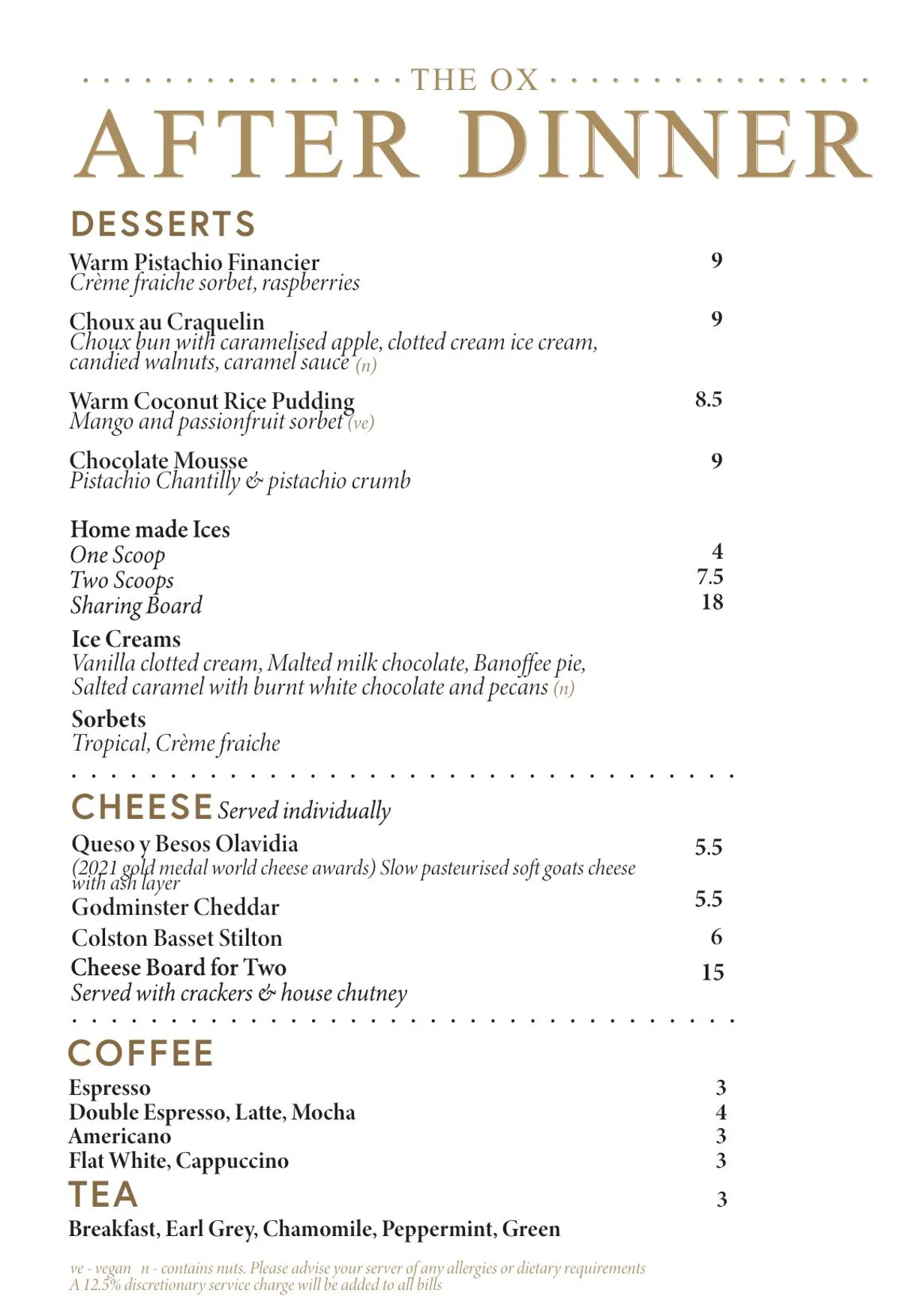 The Ox Bristol menu, page 1