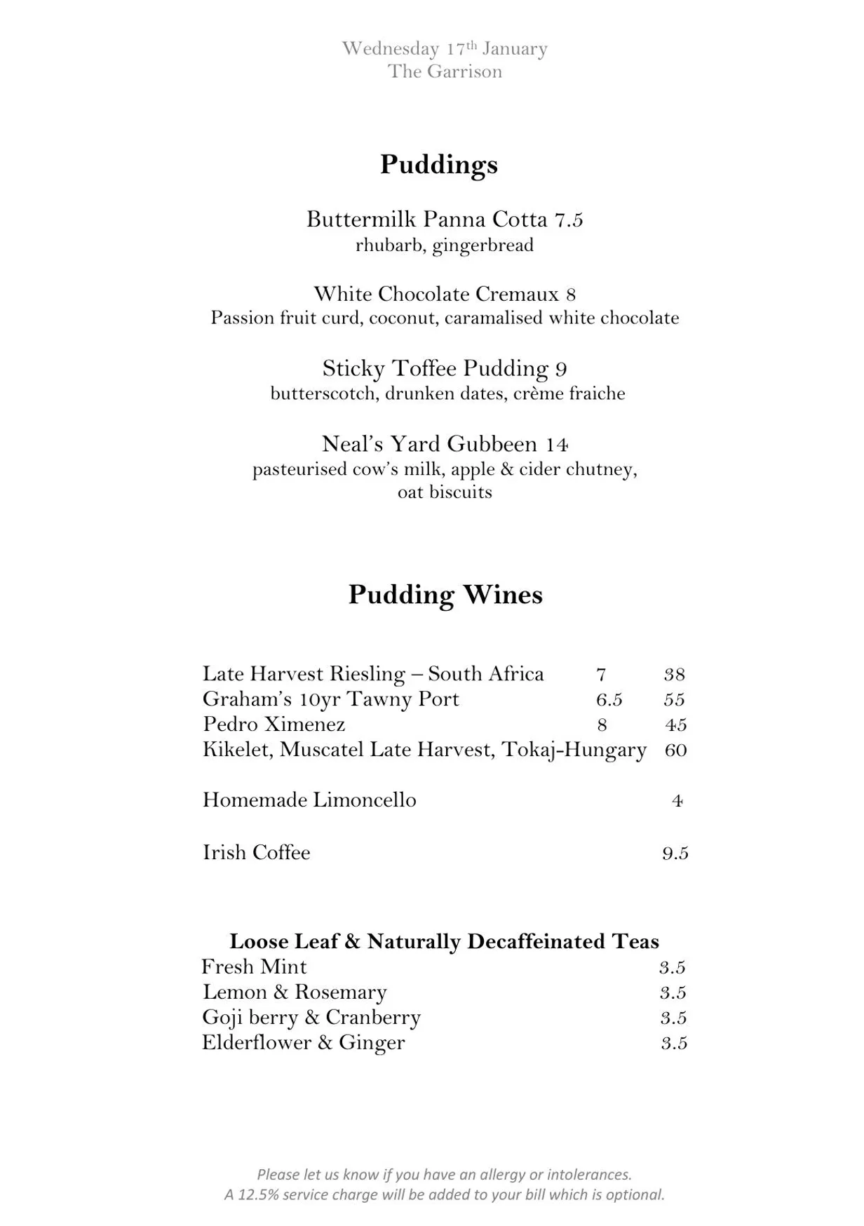 The Garrison menu, page 2