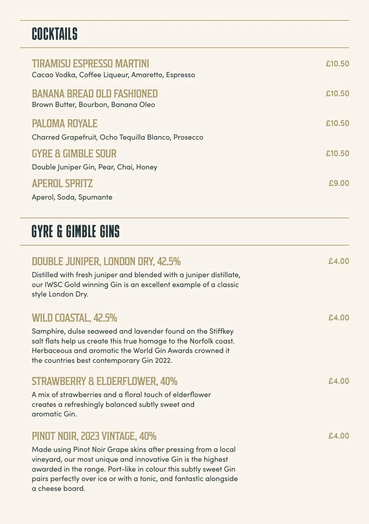 The Walpole Arms menu, page 9
