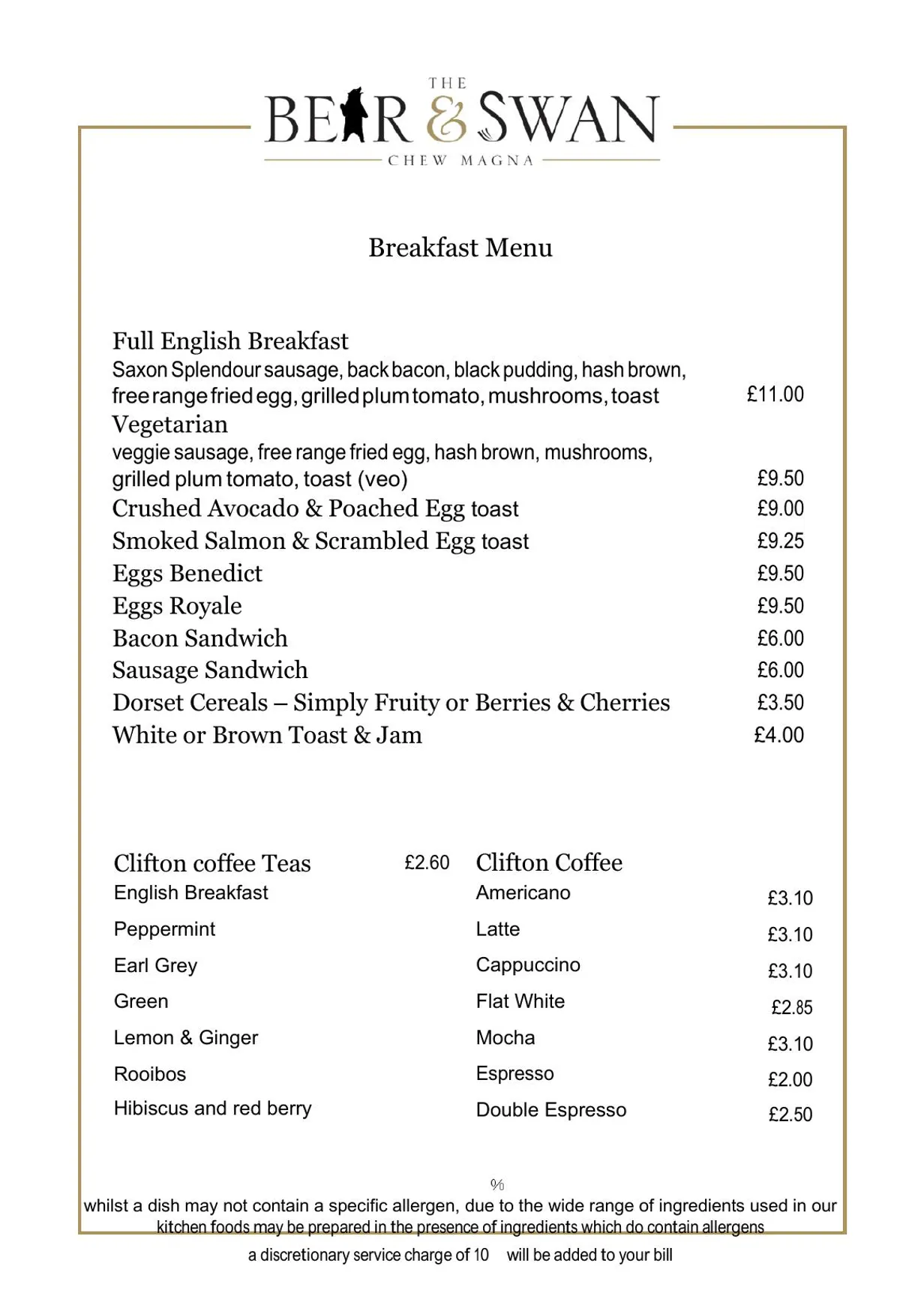 The Bear & Swan menu, page 1