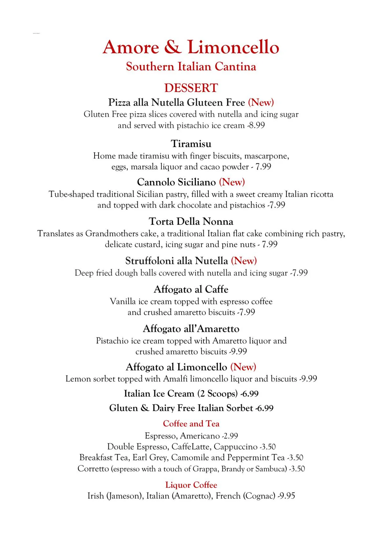 Amore & Limoncello menu, page 6