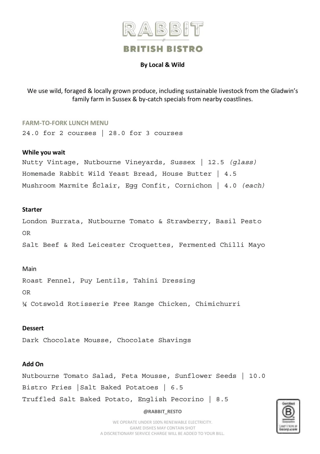 Rabbit British Bistro menu, page 3