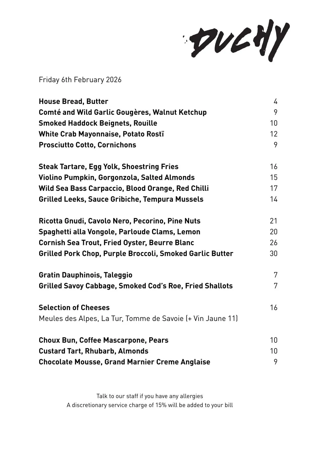 Duchy menu, page 16