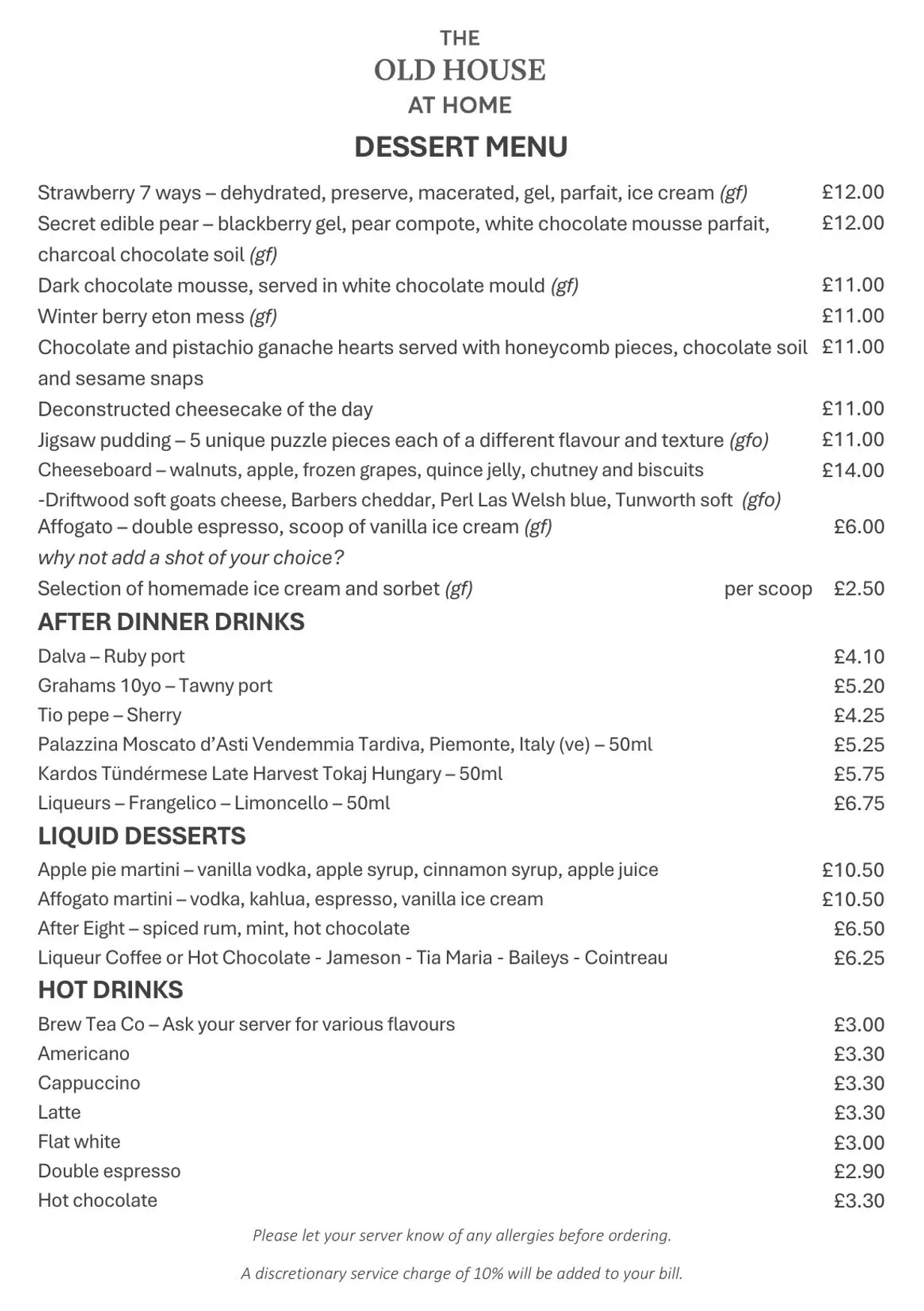 The Old House at Home menu, page 3