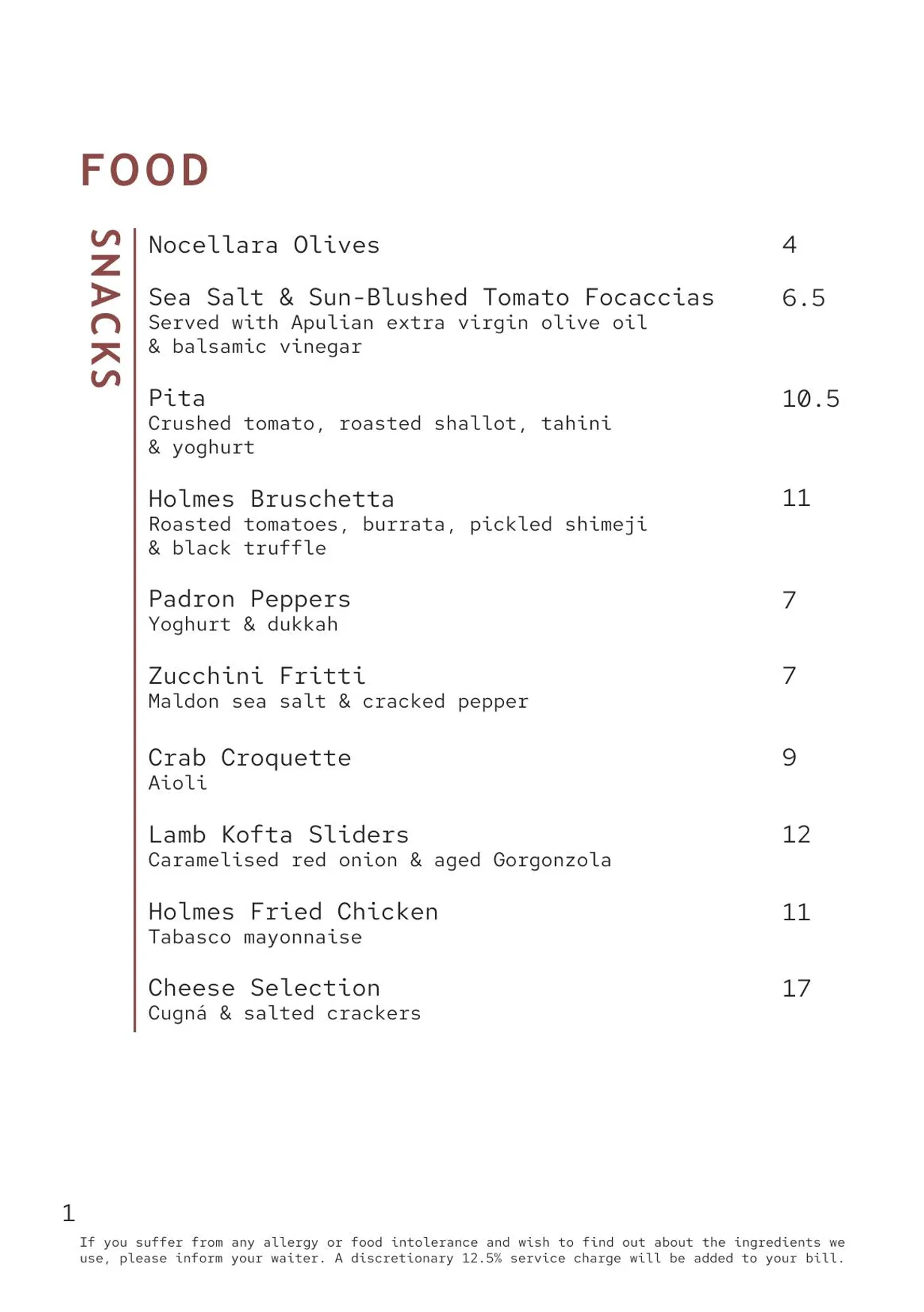 Kitchen at Holmes menu, page 1