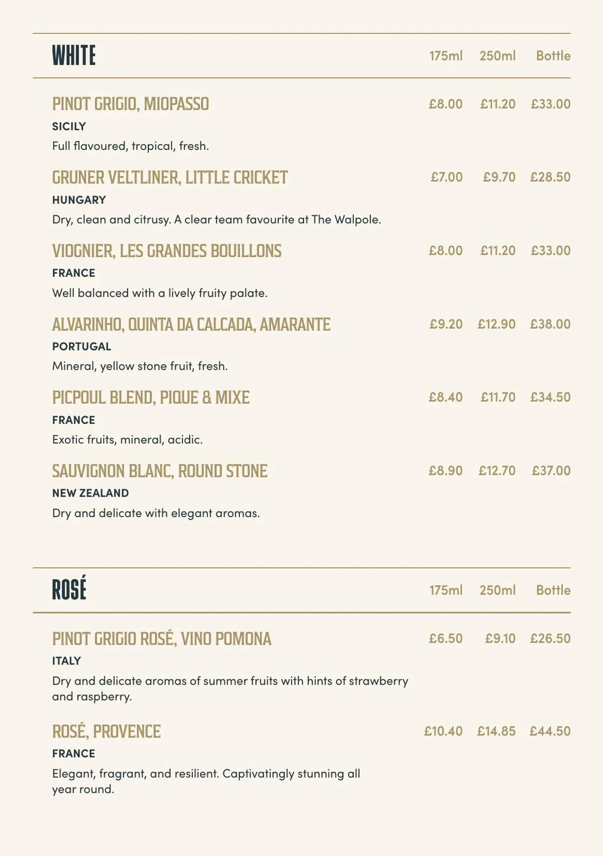 The Walpole Arms menu, page 7