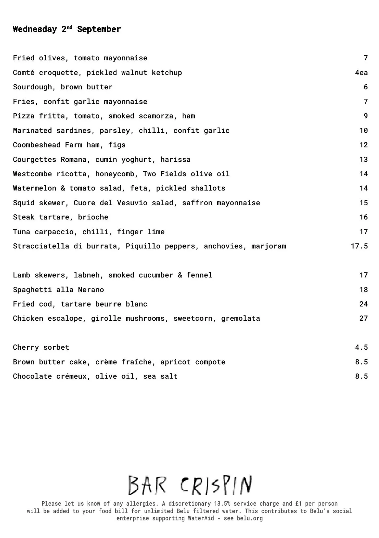 Bar Crispin menu, page 1