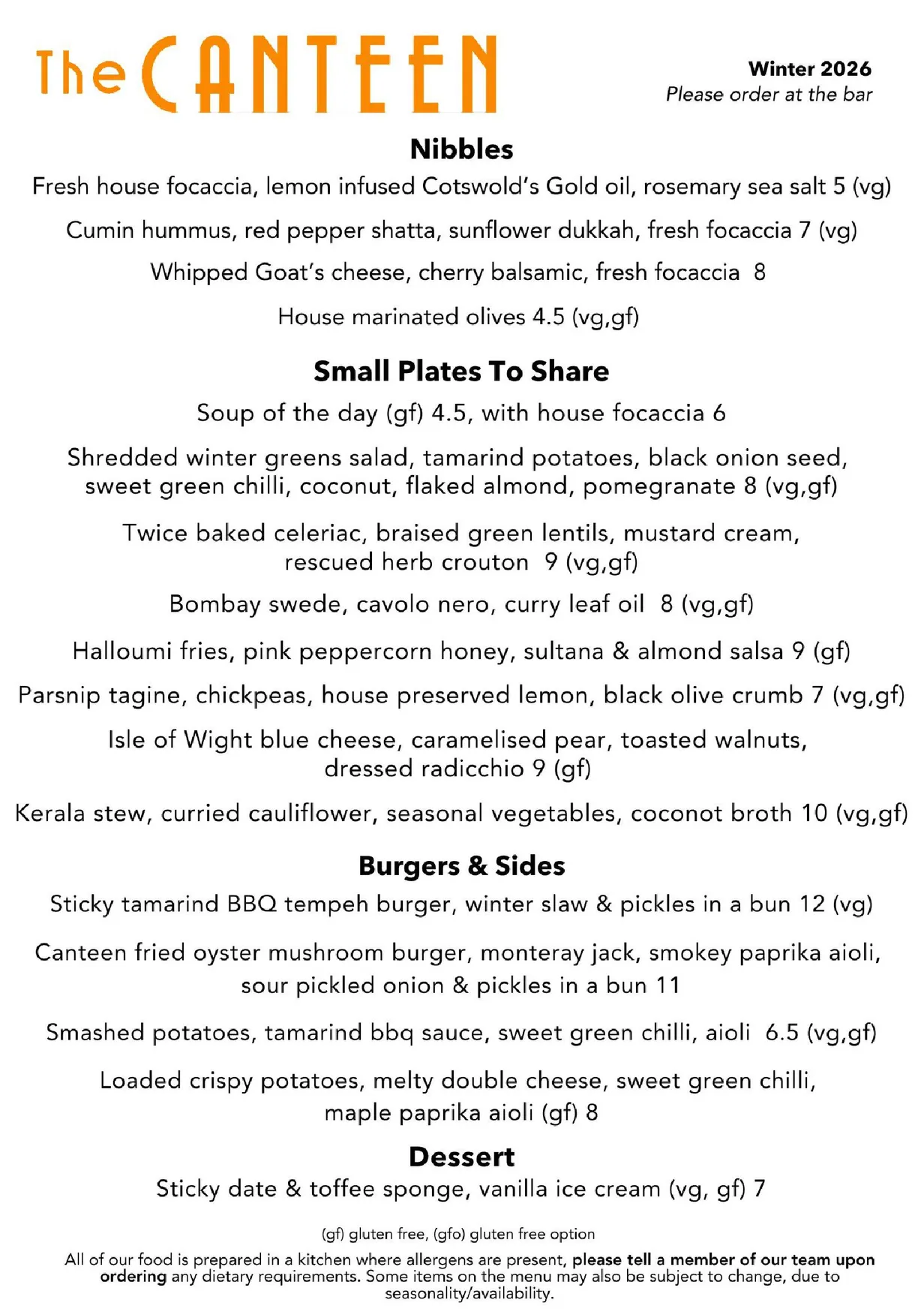 The Canteen menu, page 1