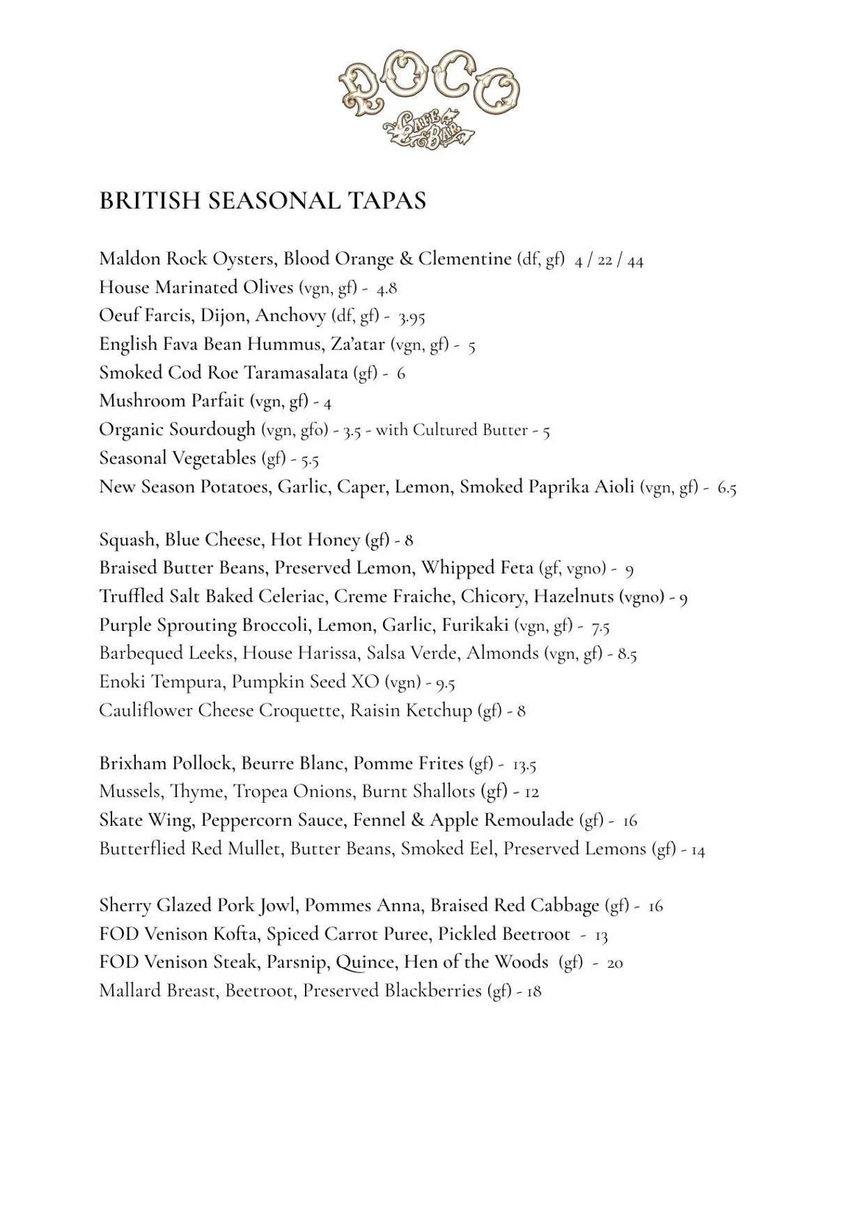 Poco Tapas Bar menu, page 1