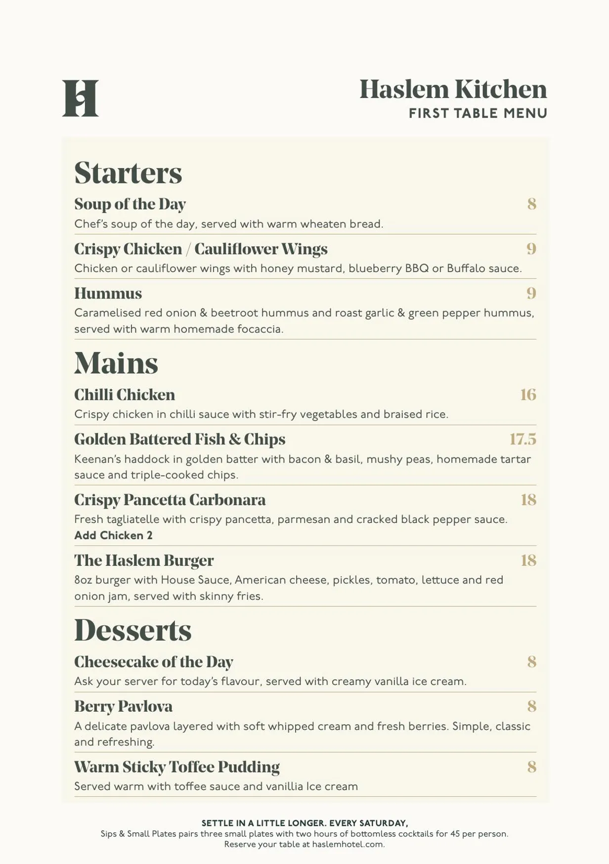 Haslem Kitchen menu, page 1
