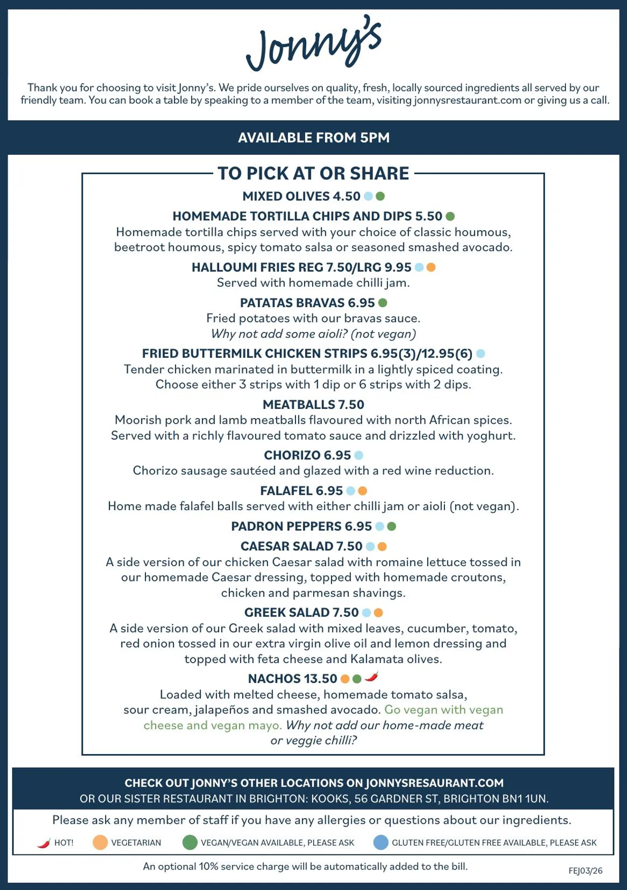 Jonny's Worthing menu, page 3