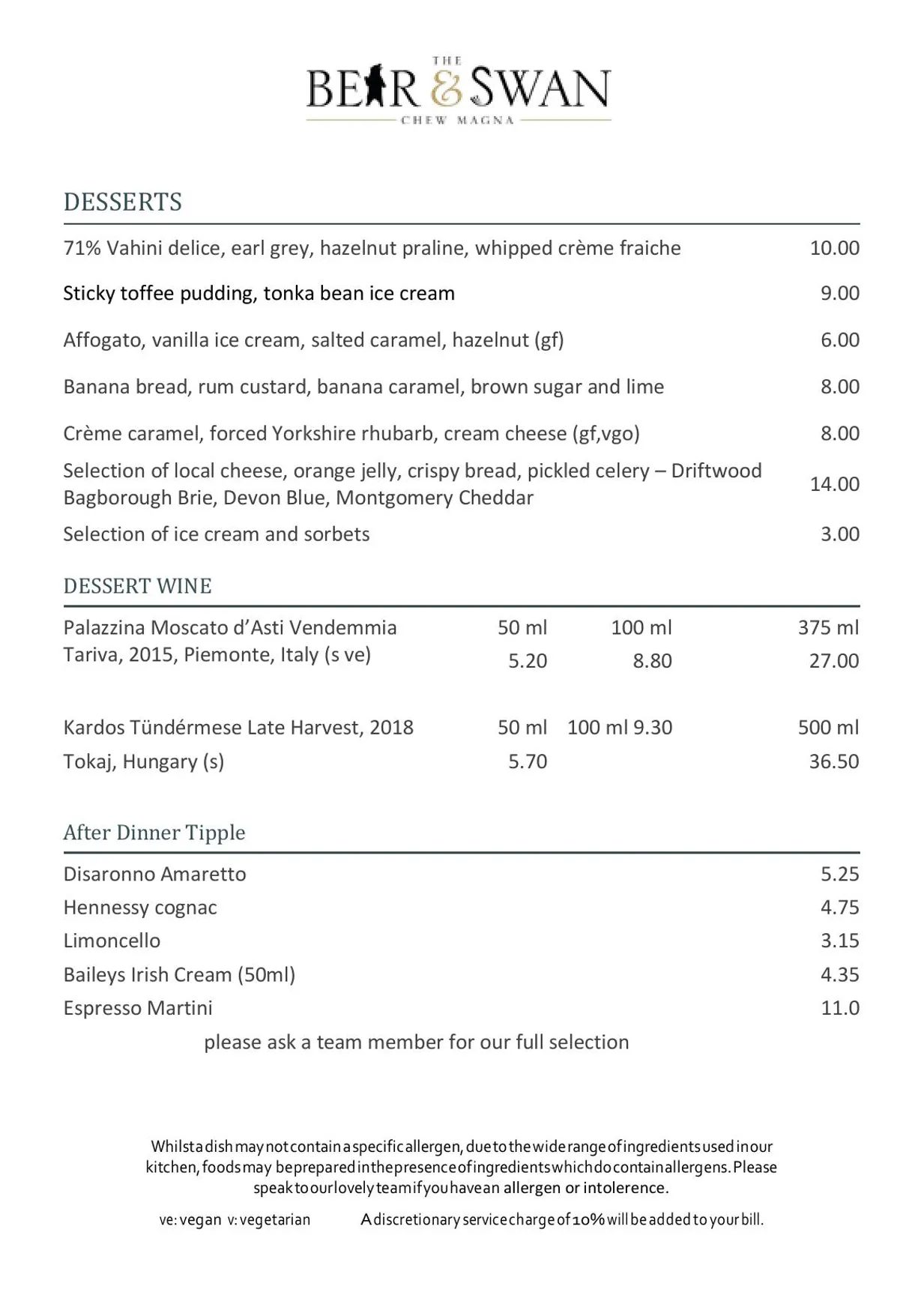 The Bear & Swan menu, page 3