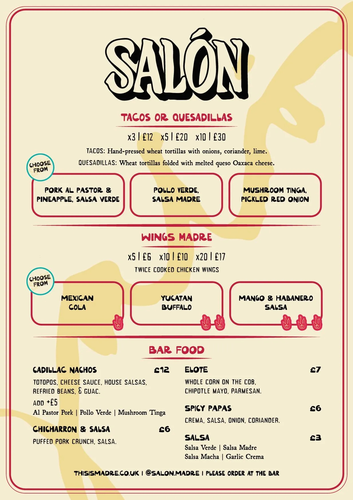 Salon Madre Manchester menu, page 1
