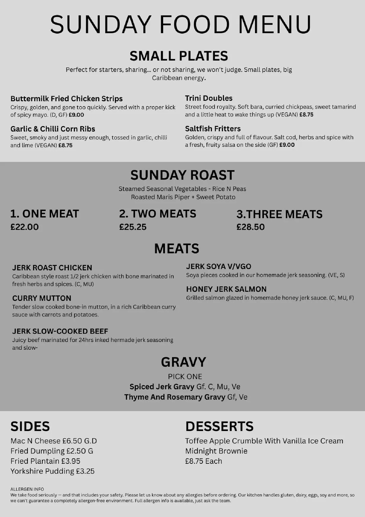 Temper & Brown menu, page 1