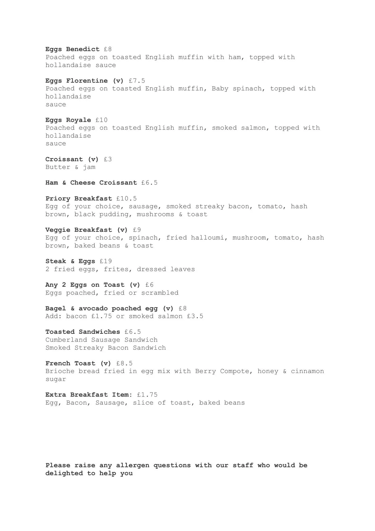 The Priory Restaurant menu, page 1
