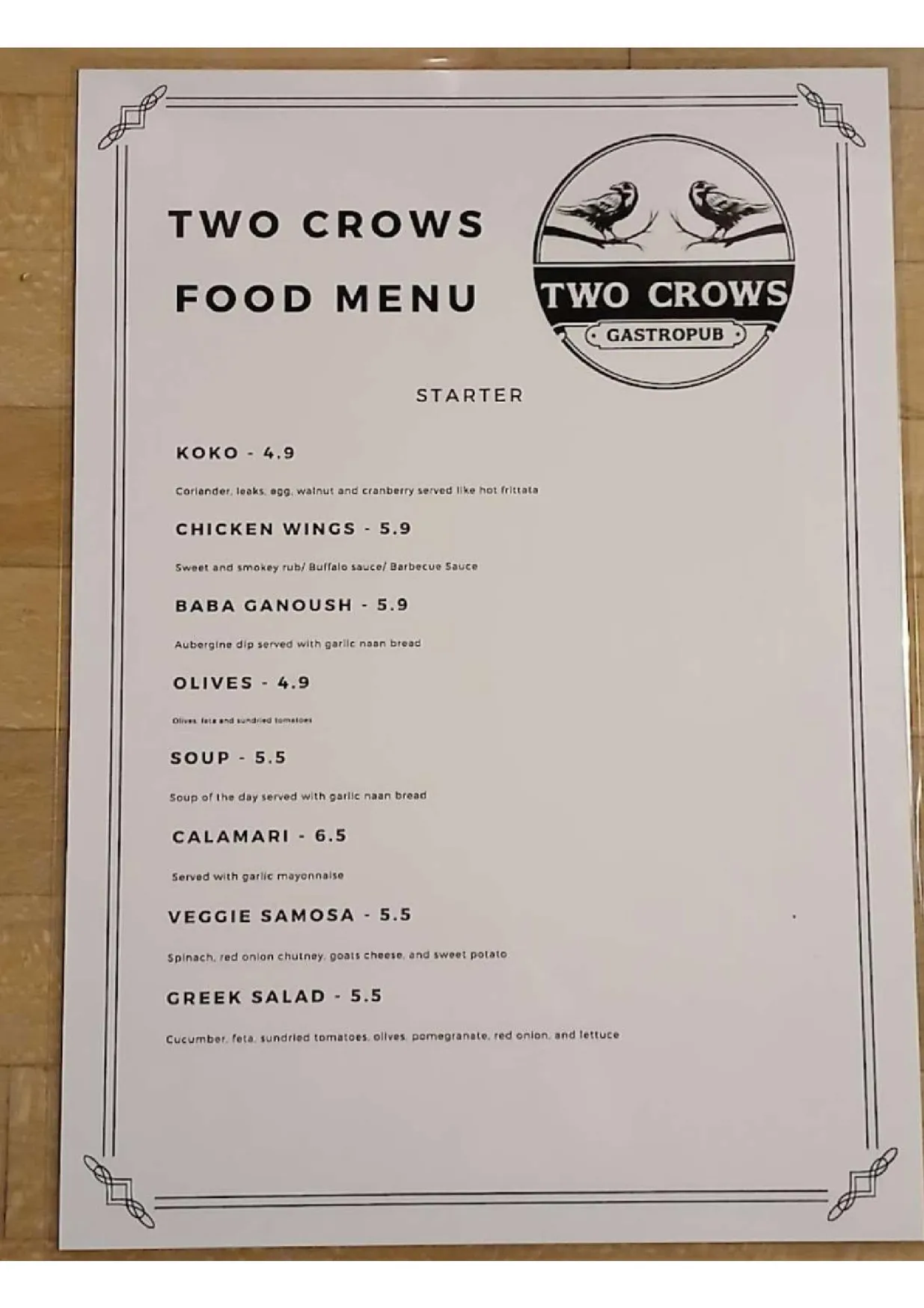 Two Crows menu, page 1