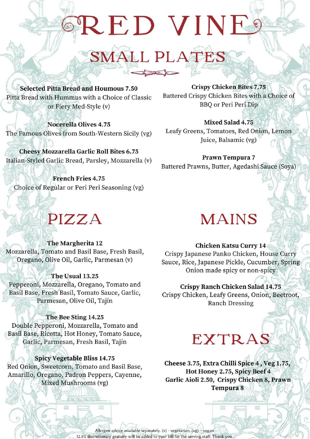 Red Vine Restaurant menu, page 1