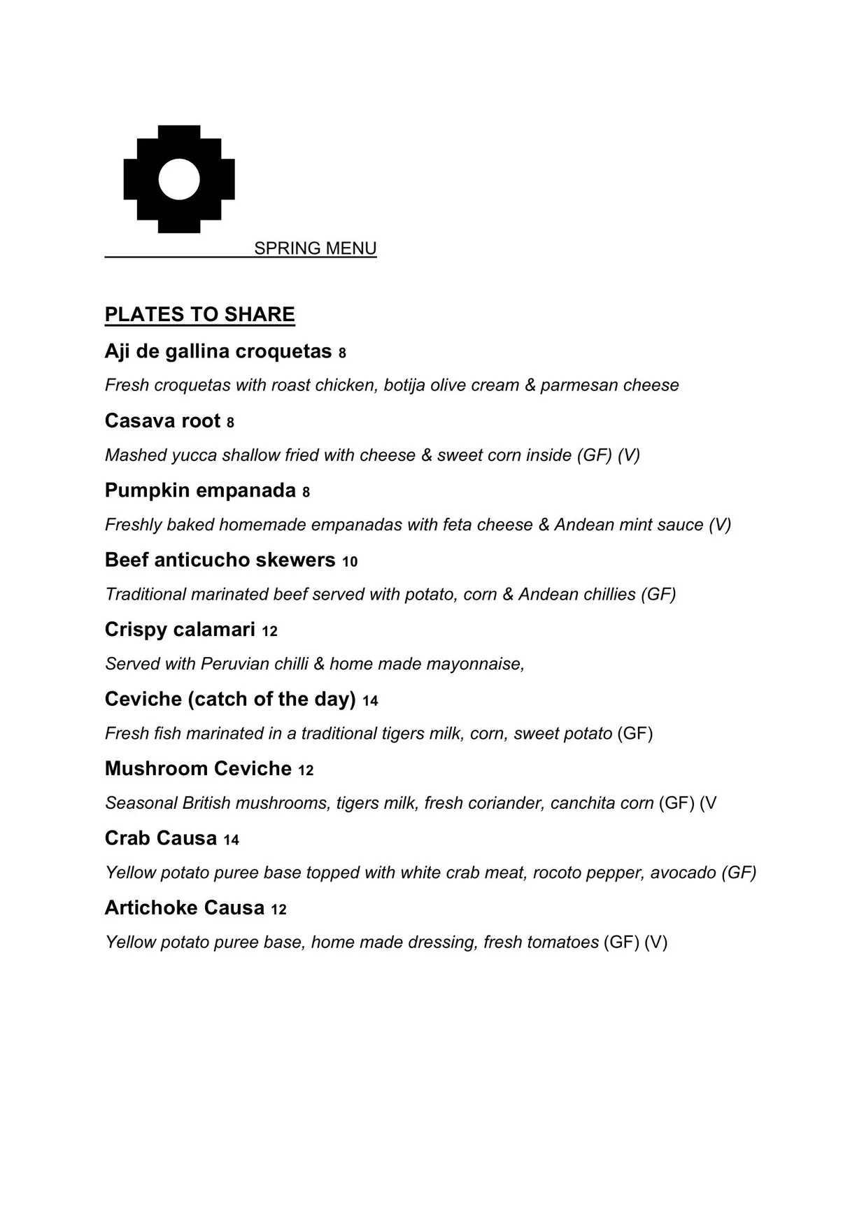 Chakana London menu, page 1