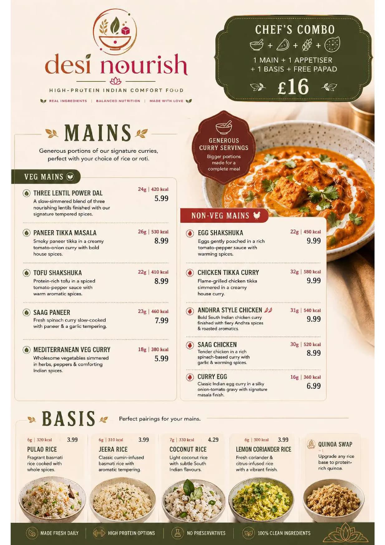 Desi Nourish menu, page 2