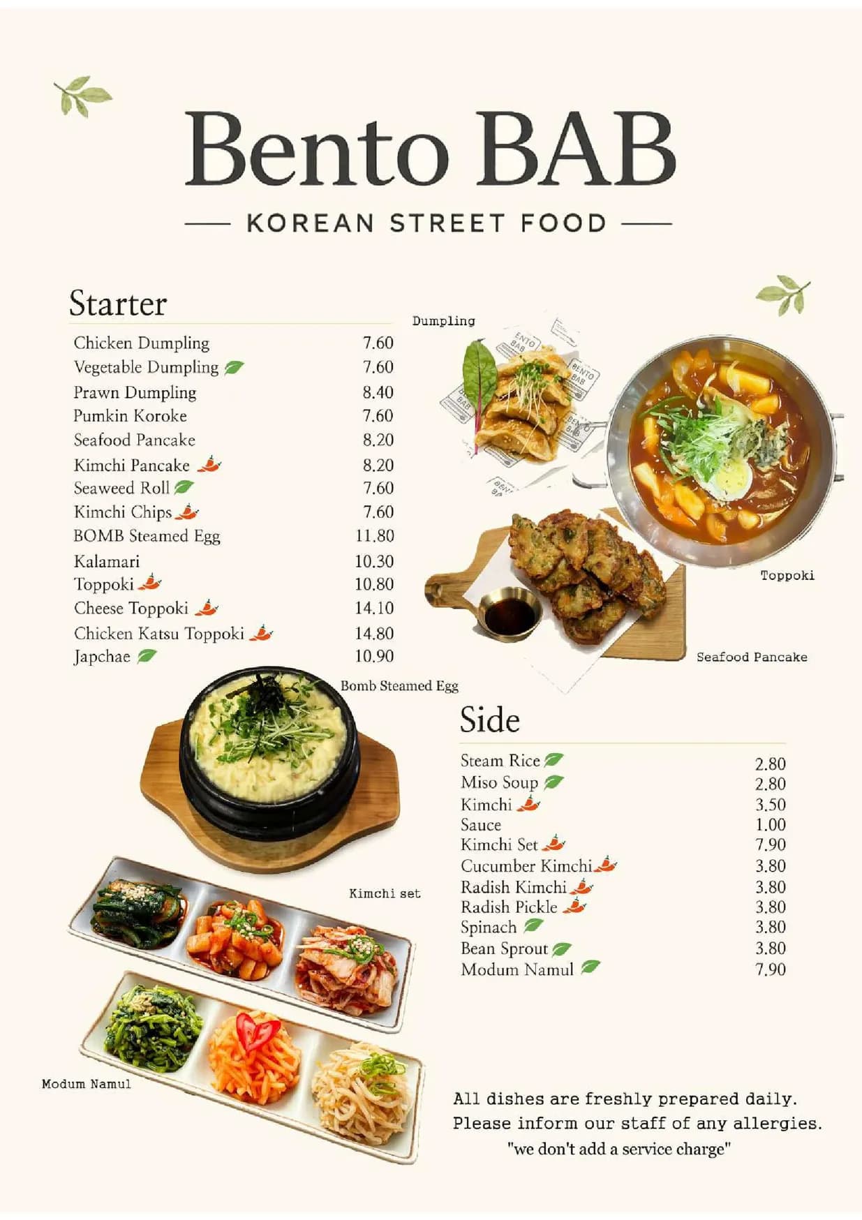 Bentobab menu, page 1