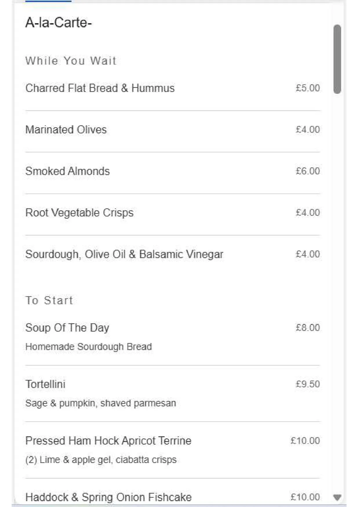 The Tamburlaine Restaurant & Bar menu, page 1
