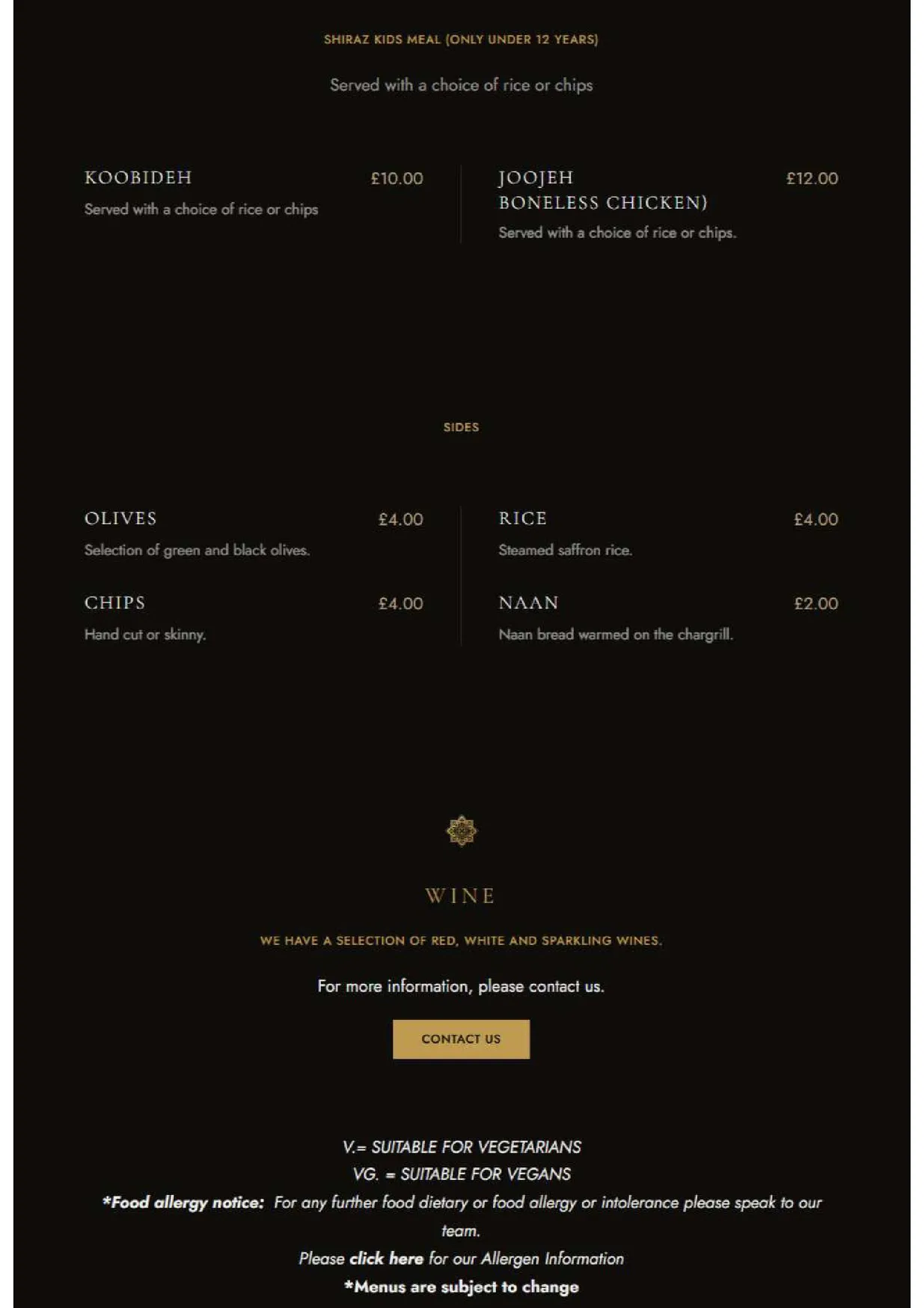 Shiraz Persian Dining menu, page 1