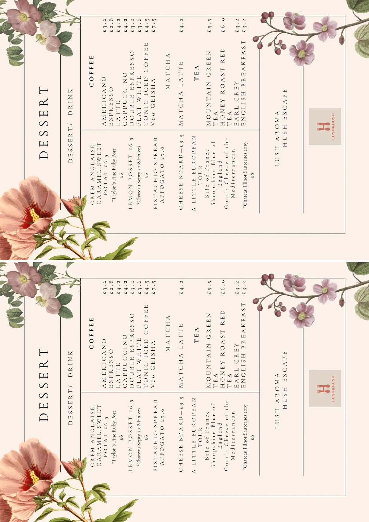 Lush and Hush menu, page 9