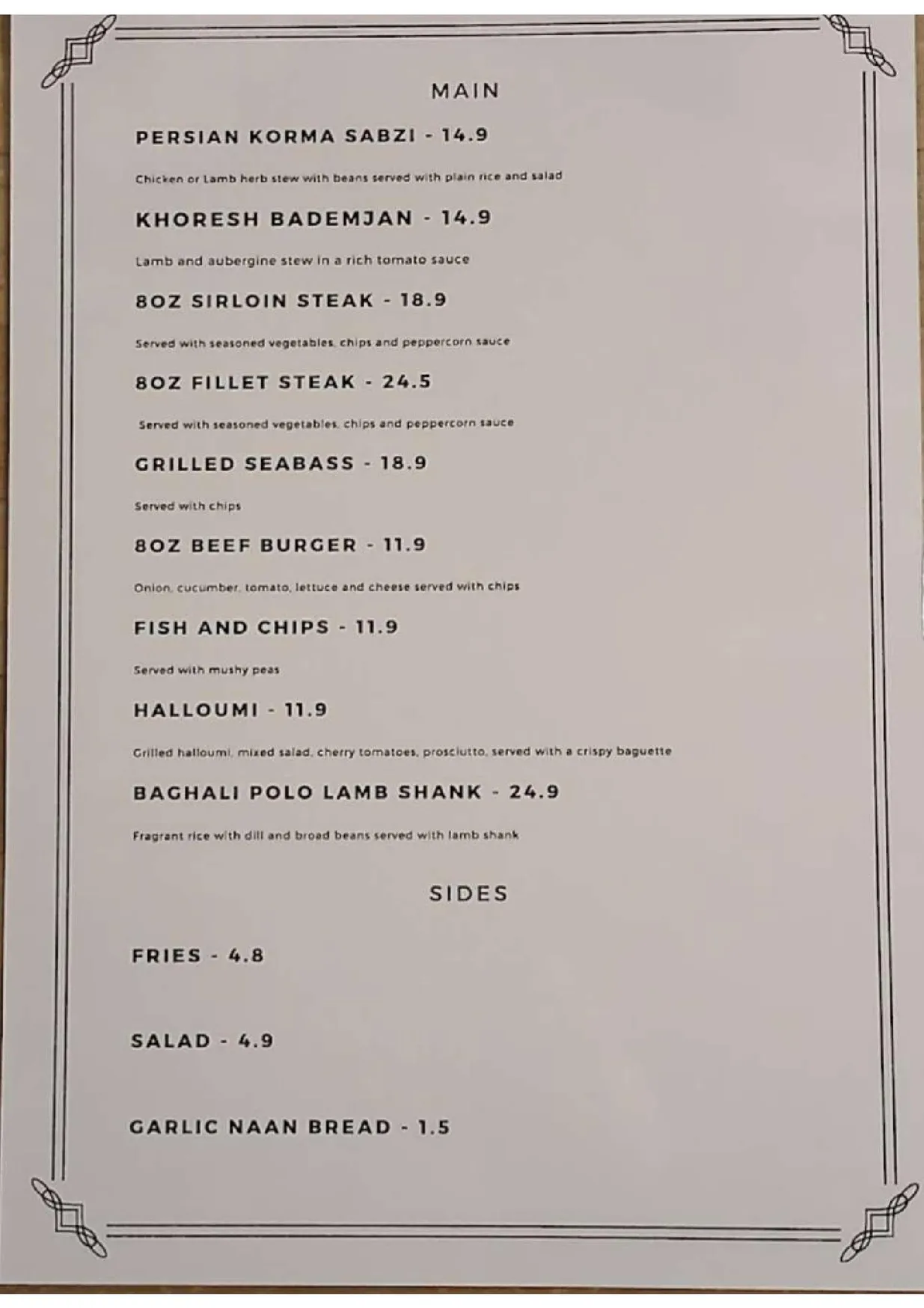 Two Crows menu, page 2