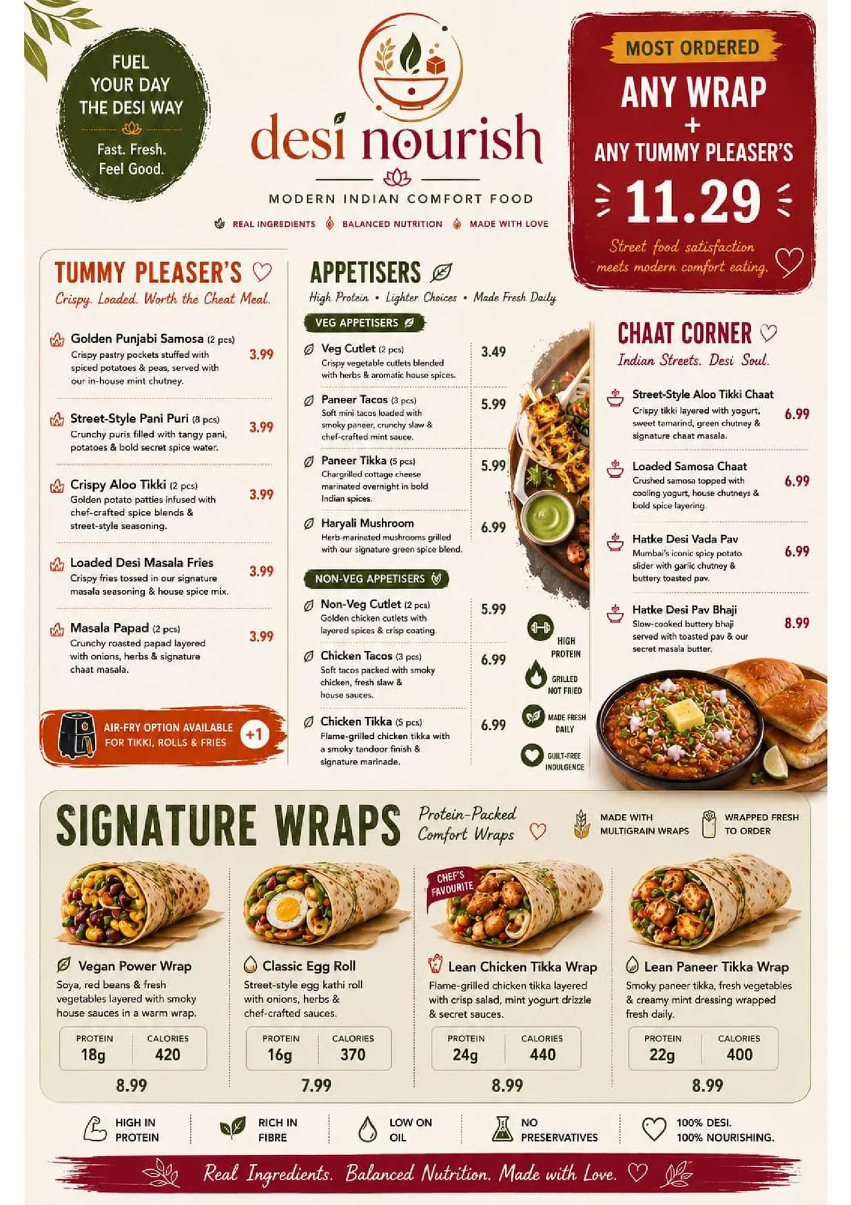 Desi Nourish menu, page 1