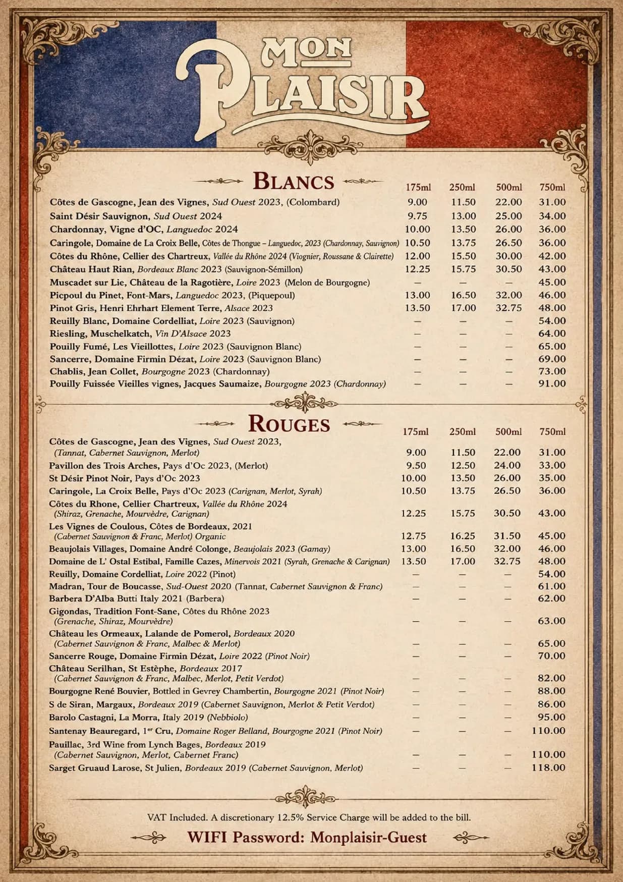 Mon Plaisir menu, page 3