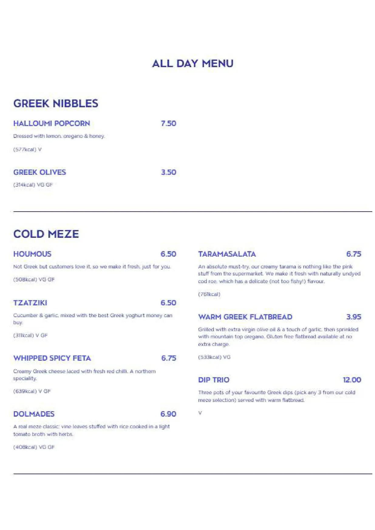 The Real Greek Norwich menu, page 1